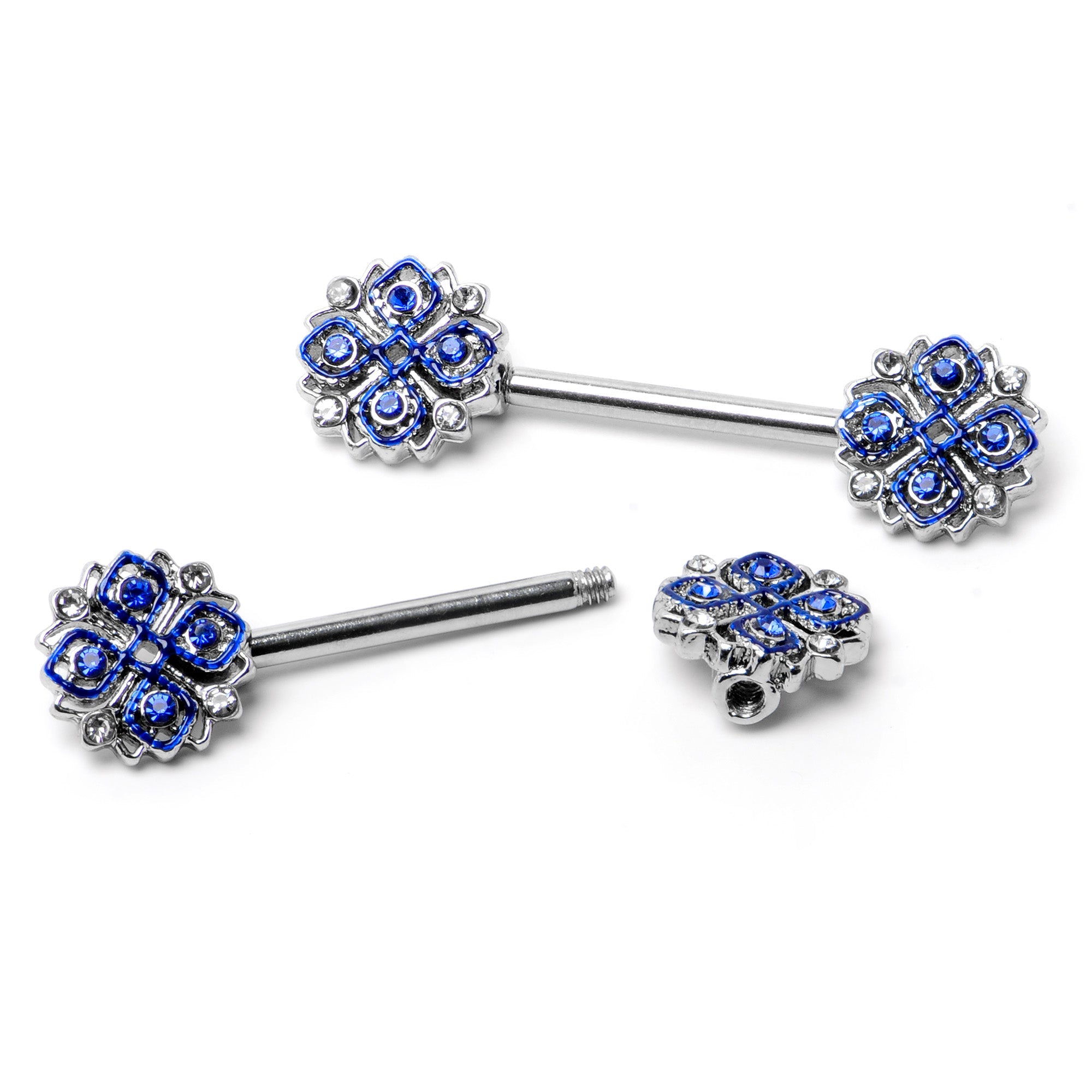 BodyCandy 14G 9/16 Clear Blue Gem Embellished Cross Barbell Nipple Ring Set — back view