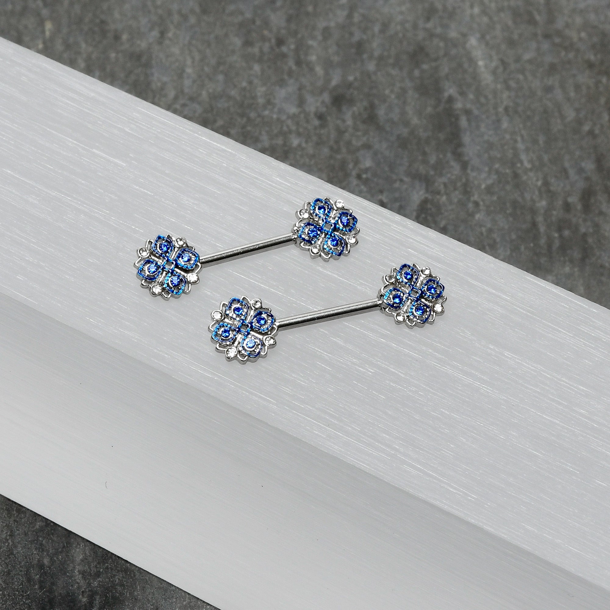 BodyCandy 14G 9/16 Clear Blue Gem Embellished Cross Barbell Nipple Ring Set — alternative angle
