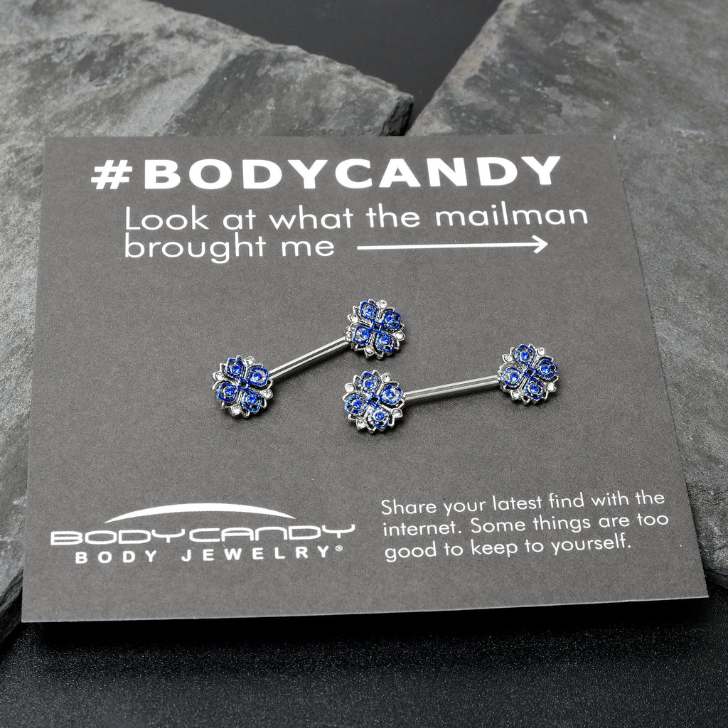 BodyCandy 14G 9/16 Clear Blue Gem Embellished Cross Barbell Nipple Ring Set — size reference