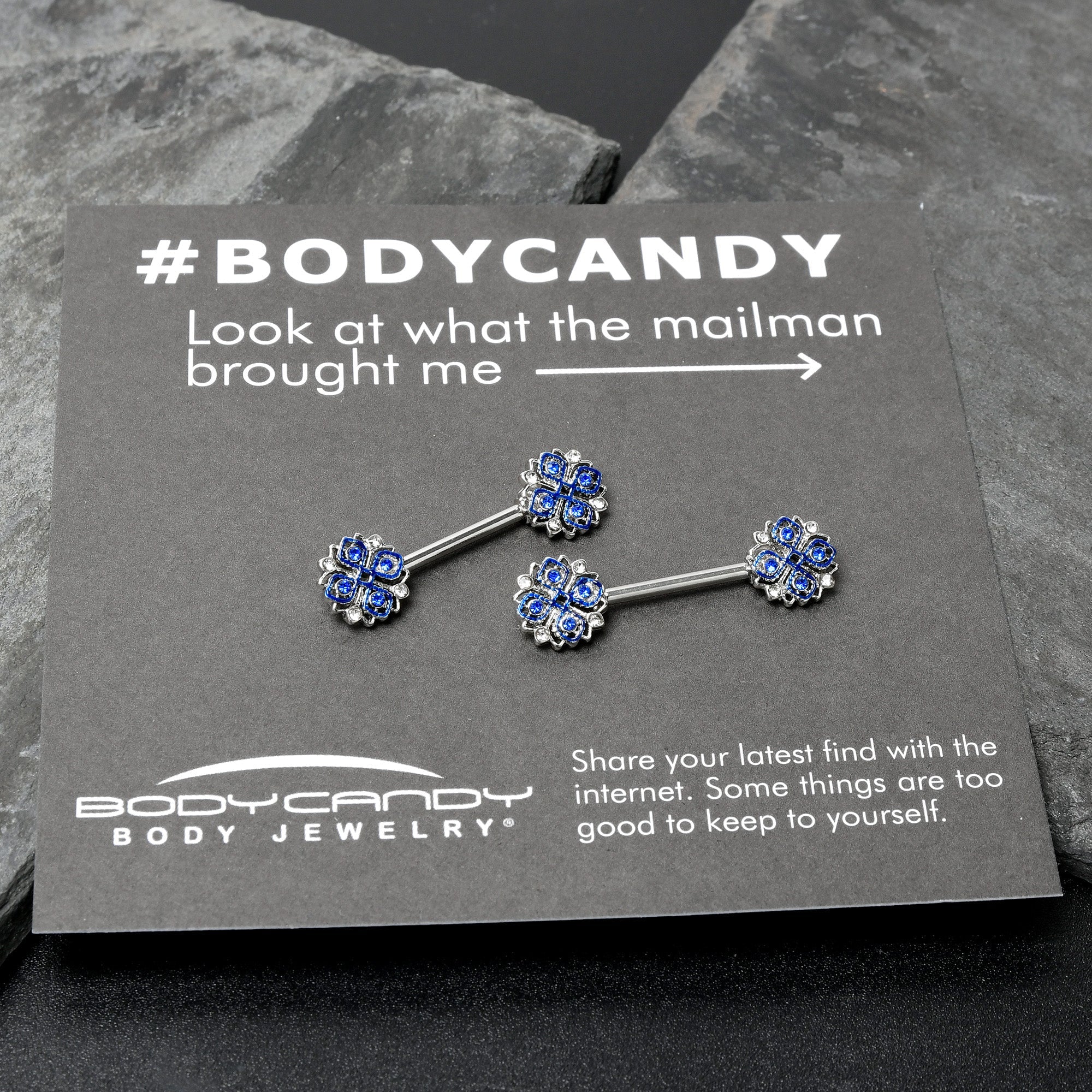 BodyCandy 14G 9/16 Clear Blue Gem Embellished Cross Barbell Nipple Ring Set — size reference