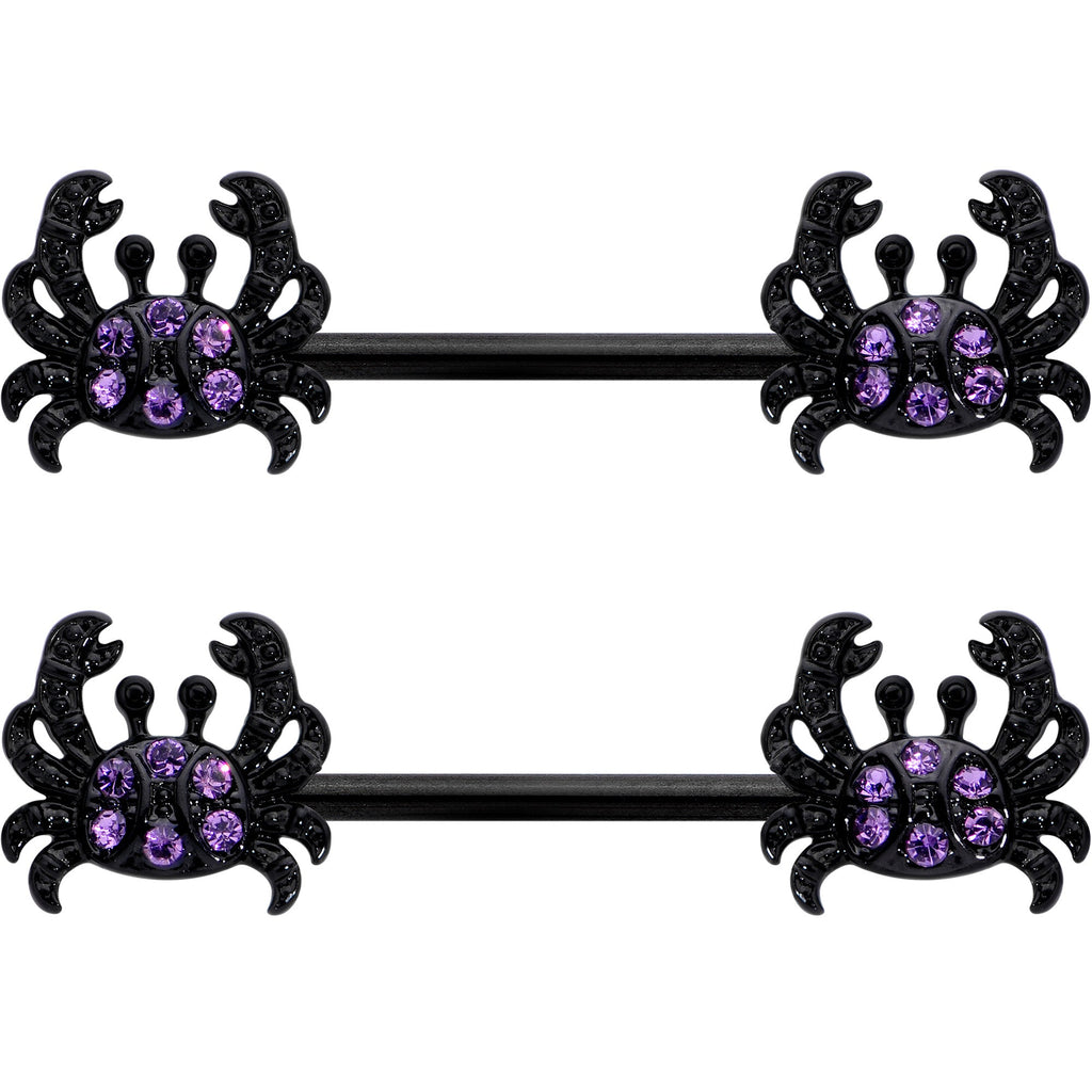 BodyCandy 14G 9/16 Purple Gem Black Chic Crab Barbell Nipple Ring Set — detail close-up