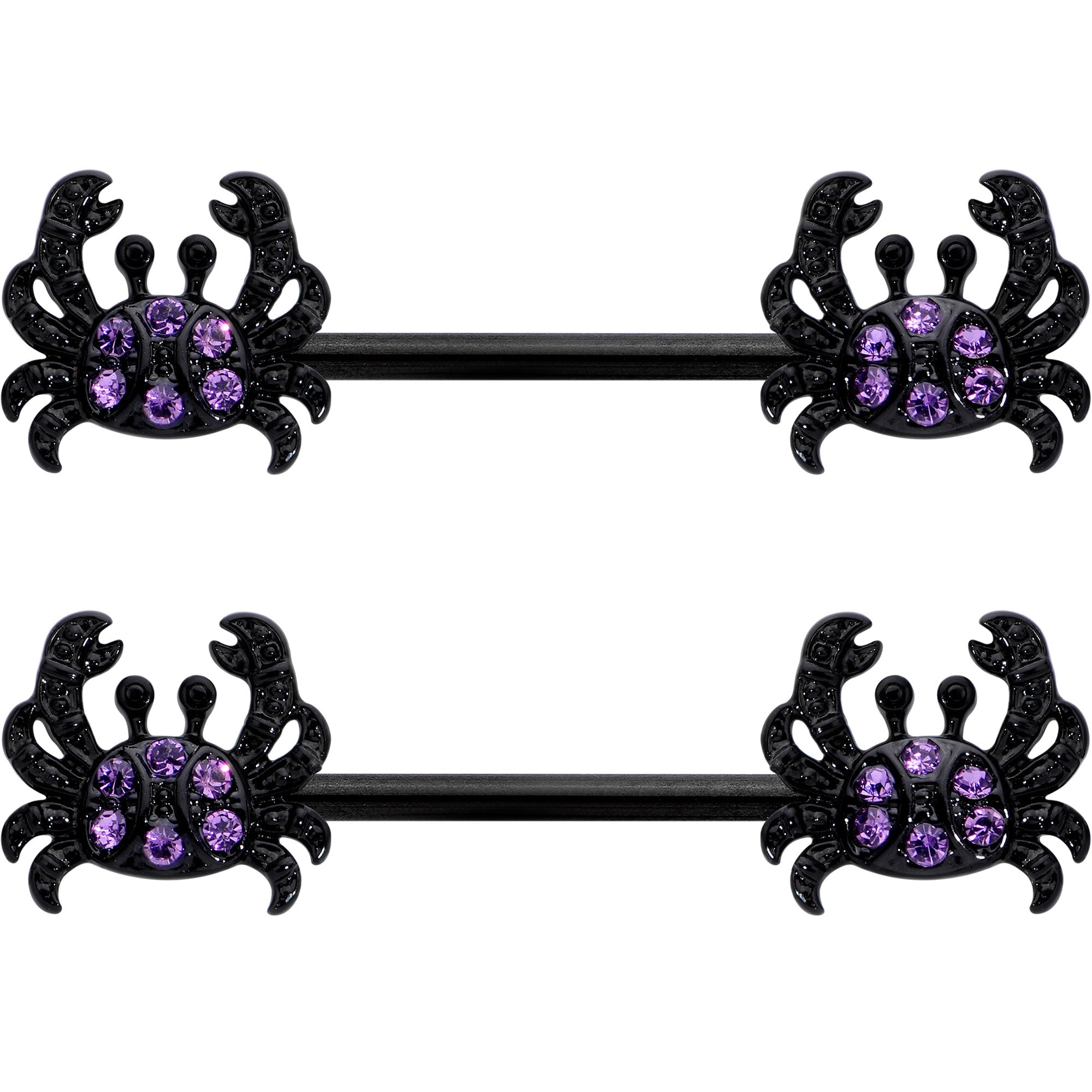 BodyCandy 14G 9/16 Purple Gem Black Chic Crab Barbell Nipple Ring Set — detail close-up