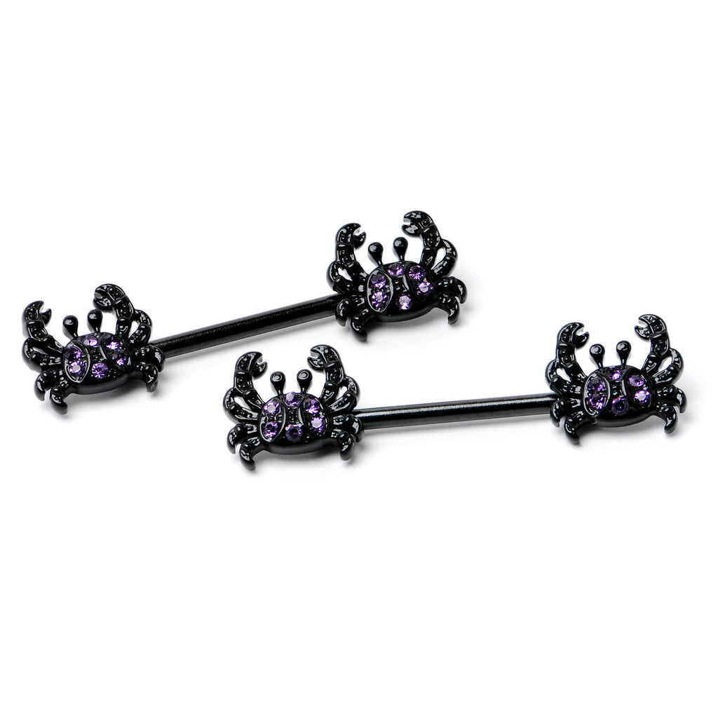 BodyCandy 14G 9/16 Purple Gem Black Chic Crab Barbell Nipple Ring Set — side view