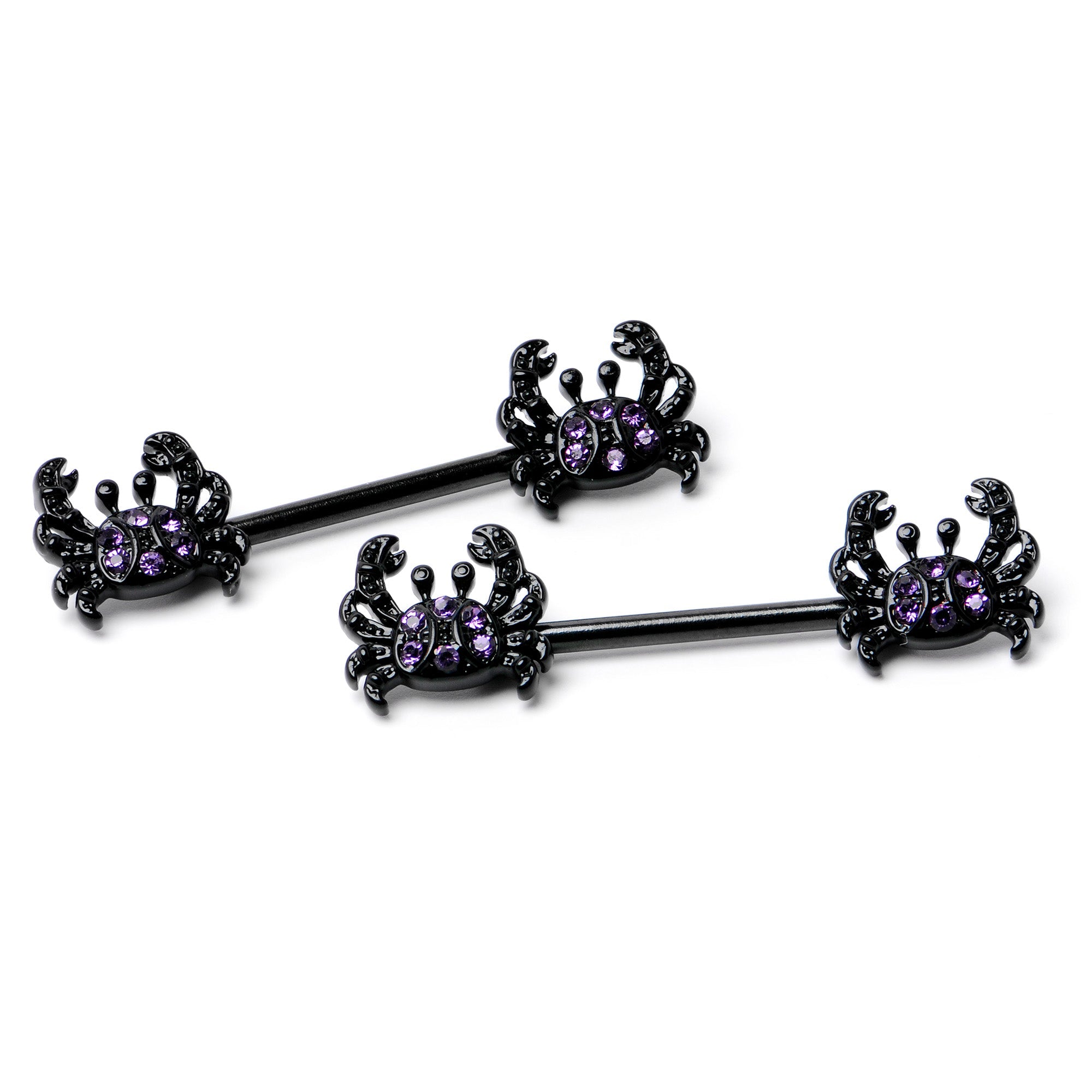 BodyCandy 14G 9/16 Purple Gem Black Chic Crab Barbell Nipple Ring Set — side view