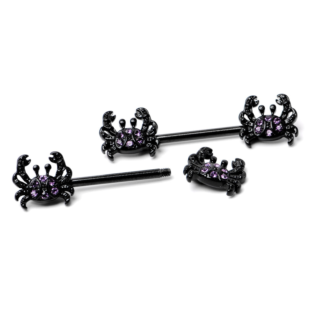 BodyCandy 14G 9/16 Purple Gem Black Chic Crab Barbell Nipple Ring Set — back view