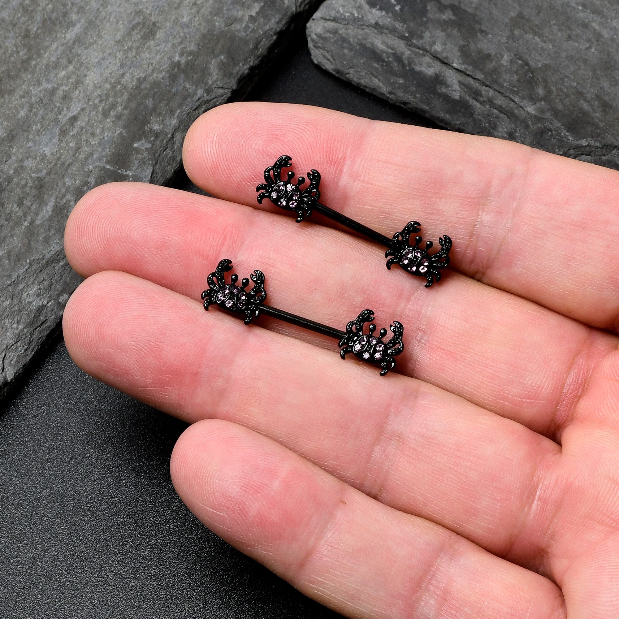 BodyCandy 14G 9/16 Purple Gem Black Chic Crab Barbell Nipple Ring Set — in-use photo