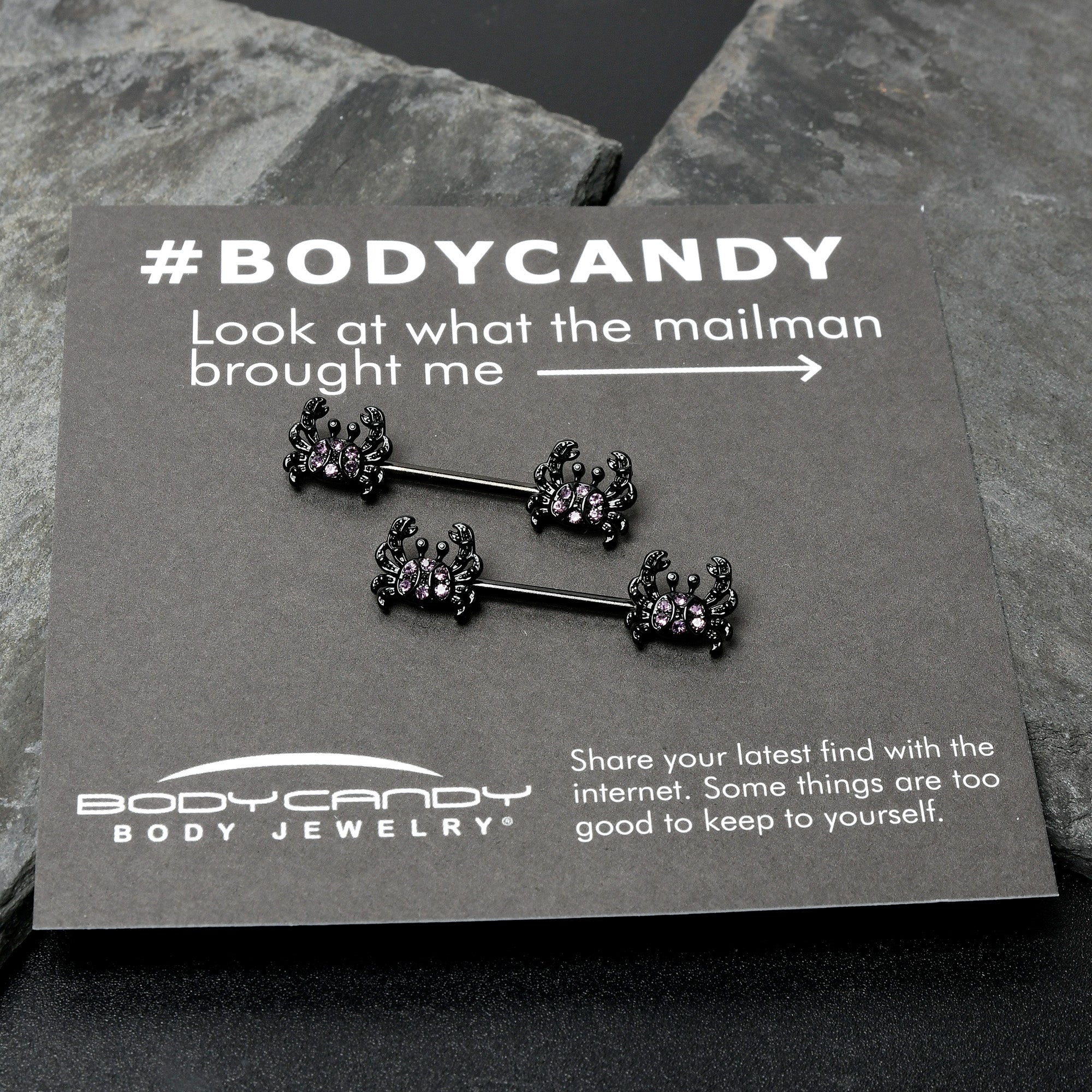 BodyCandy 14G 9/16 Purple Gem Black Chic Crab Barbell Nipple Ring Set — size reference