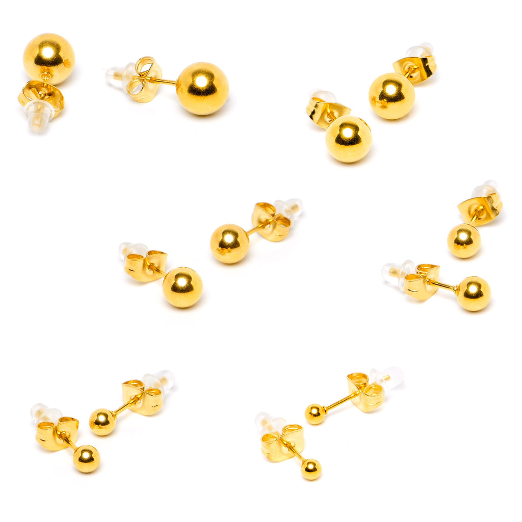 BodyCandy 3mm-8mm Ball Stud Gold Tone 316L Stainless Steel Earrings 6 Pack — side view