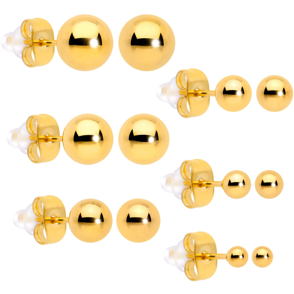 BodyCandy 3mm-8mm Ball Stud Gold Tone 316L Stainless Steel Earrings 6 Pack — in-use photo