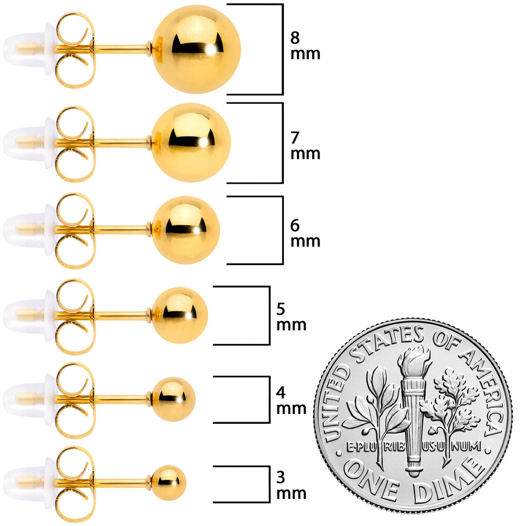 BodyCandy 3mm-8mm Ball Stud Gold Tone 316L Stainless Steel Earrings 6 Pack — size reference