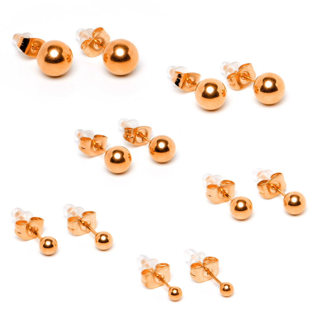 BodyCandy 3mm-8mm Ball Stud Rose Gold Tone 316L Stainless Steel Earrings 6 Pack — back view
