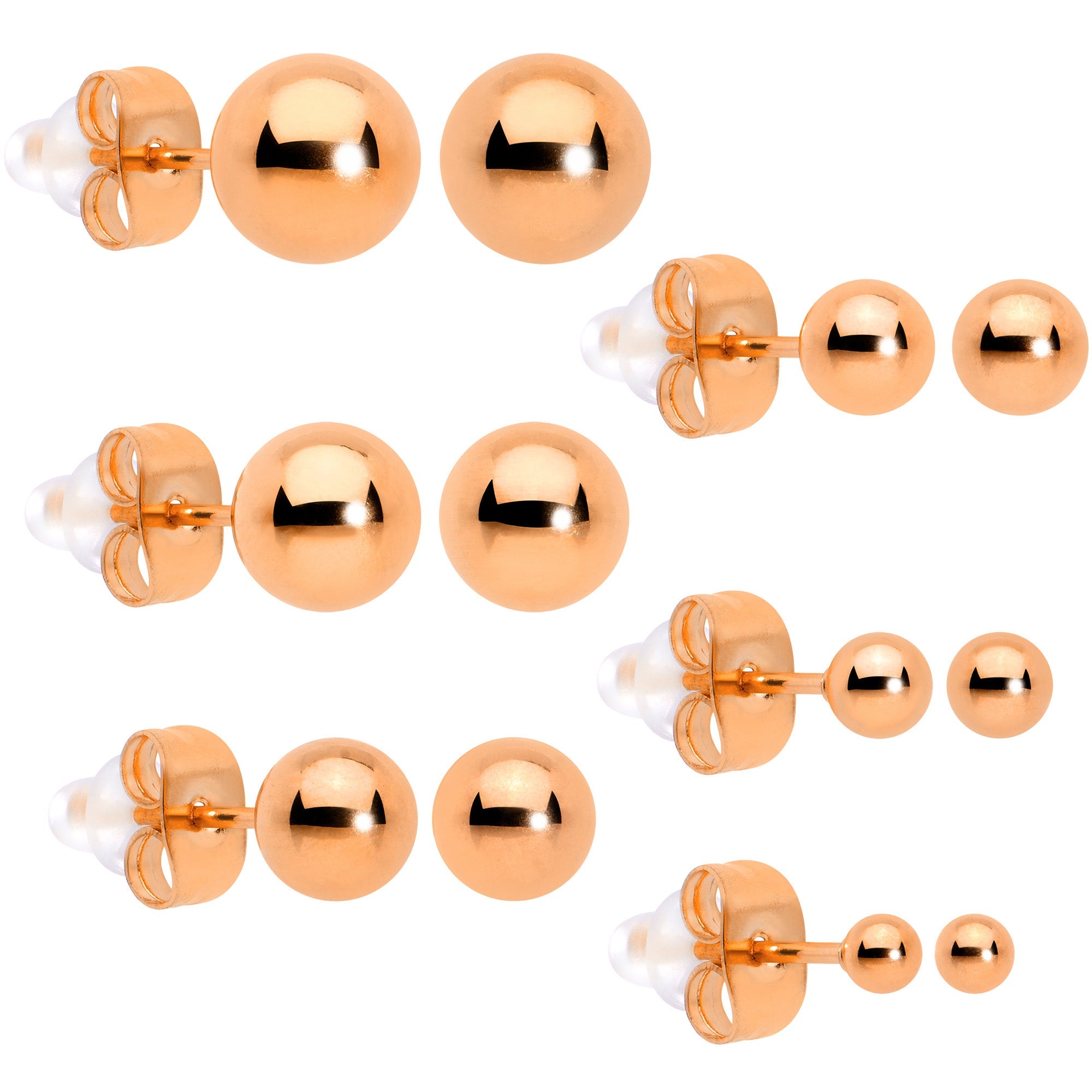 BodyCandy 3mm-8mm Ball Stud Rose Gold Tone 316L Stainless Steel Earrings 6 Pack — in-use photo