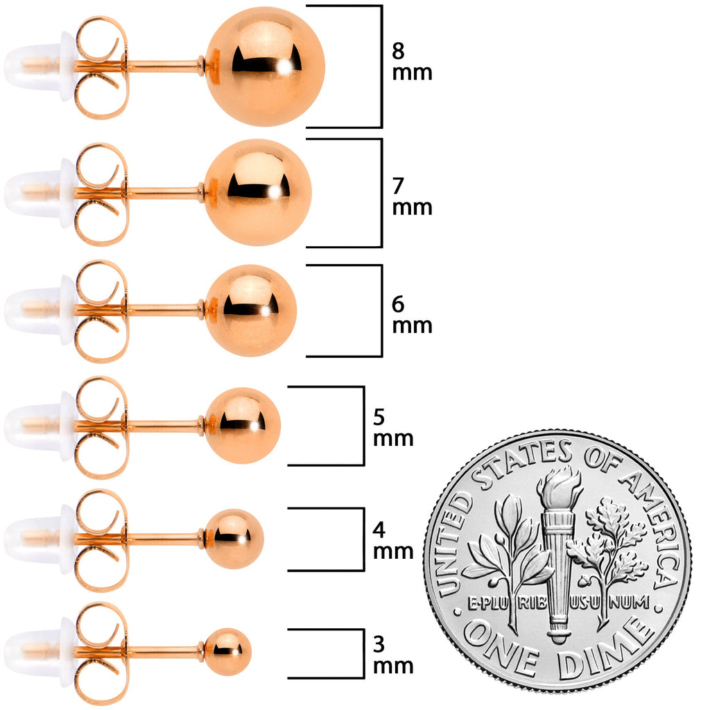 BodyCandy 3mm-8mm Ball Stud Rose Gold Tone 316L Stainless Steel Earrings 6 Pack — size reference