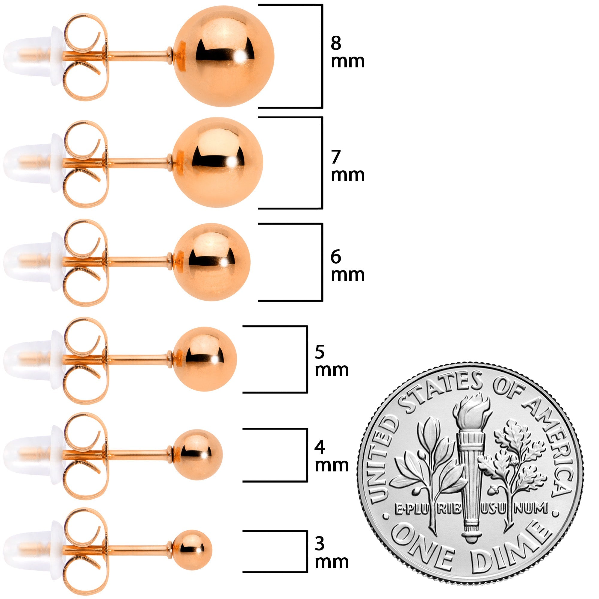 BodyCandy 3mm-8mm Ball Stud Rose Gold Tone 316L Stainless Steel Earrings 6 Pack — size reference