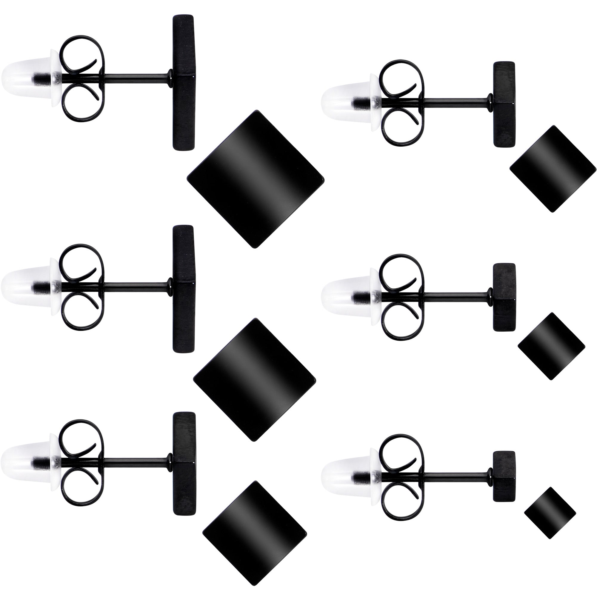BodyCandy 3mm-8mm Square Stud Black 316L Stainless Steel Earrings 6 Pack — main product shot