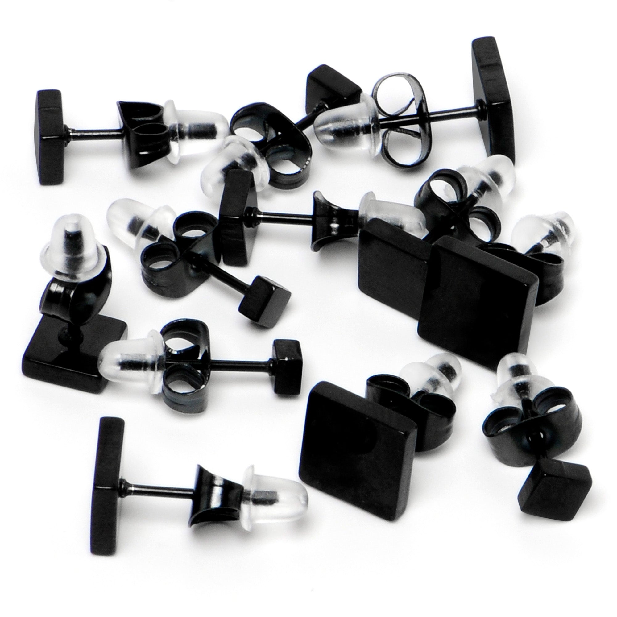 BodyCandy 3mm-8mm Square Stud Black 316L Stainless Steel Earrings 6 Pack — detail close-up