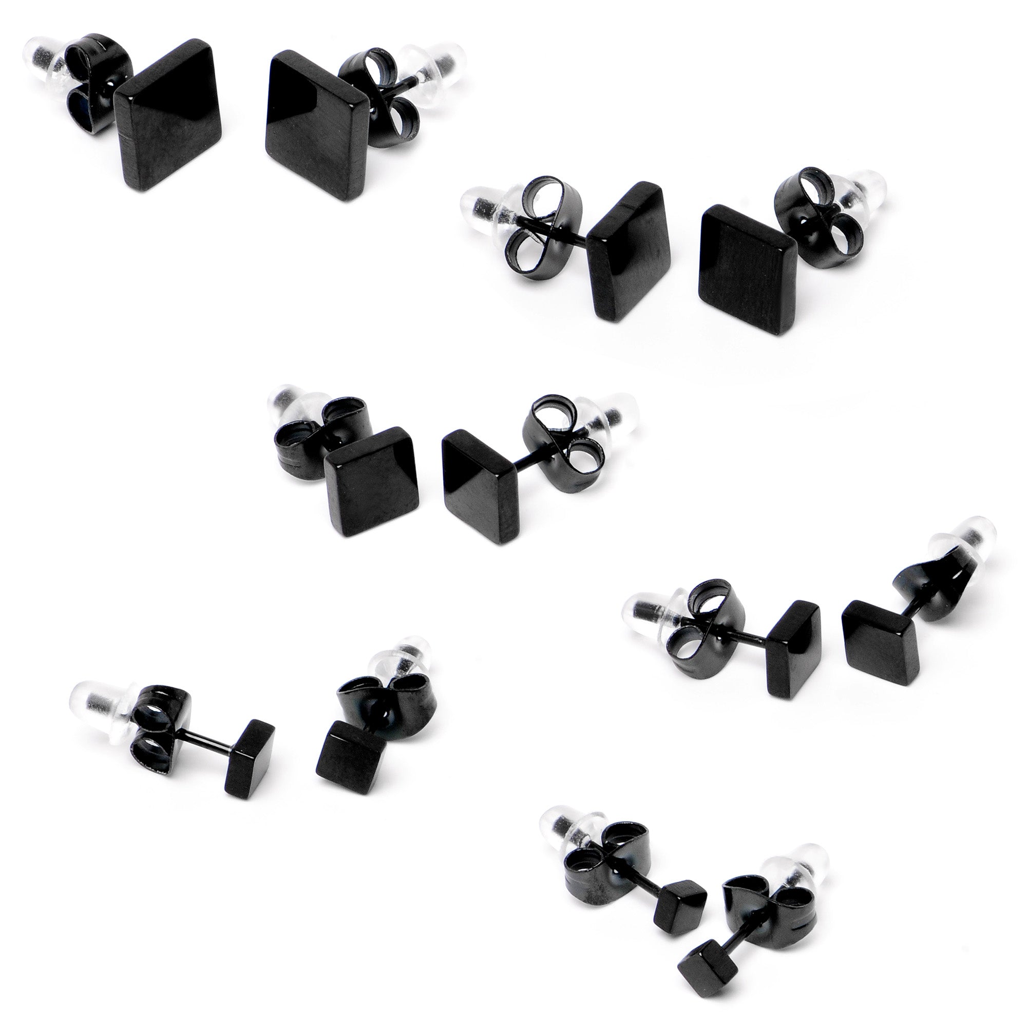 BodyCandy 3mm-8mm Square Stud Black 316L Stainless Steel Earrings 6 Pack — side view