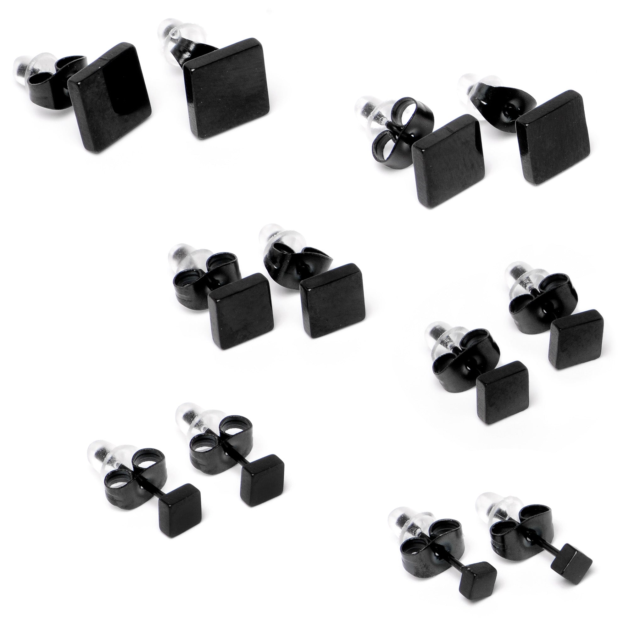 BodyCandy 3mm-8mm Square Stud Black 316L Stainless Steel Earrings 6 Pack — back view