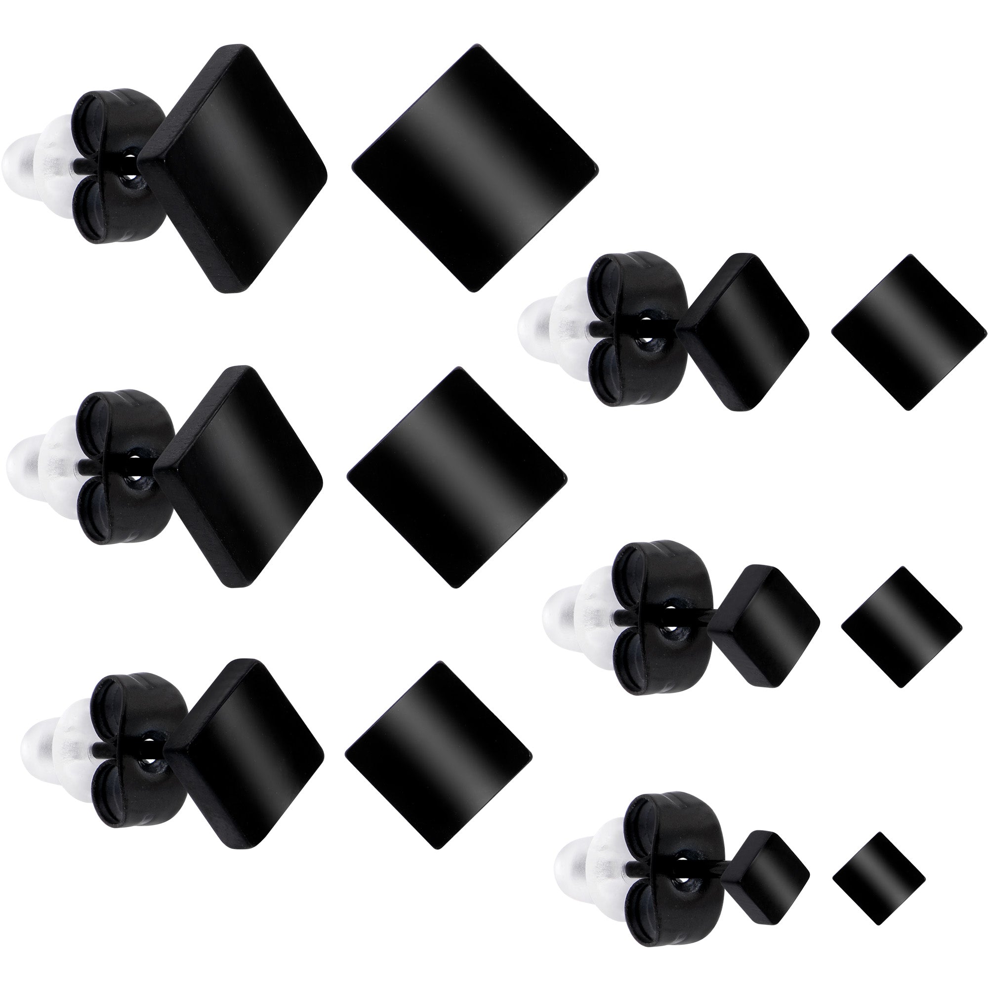 BodyCandy 3mm-8mm Square Stud Black 316L Stainless Steel Earrings 6 Pack — in-use photo