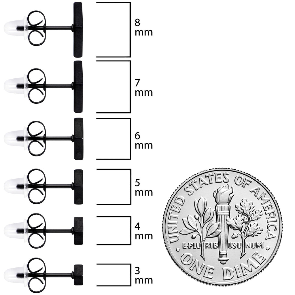 BodyCandy 3mm-8mm Square Stud Black 316L Stainless Steel Earrings 6 Pack — size reference