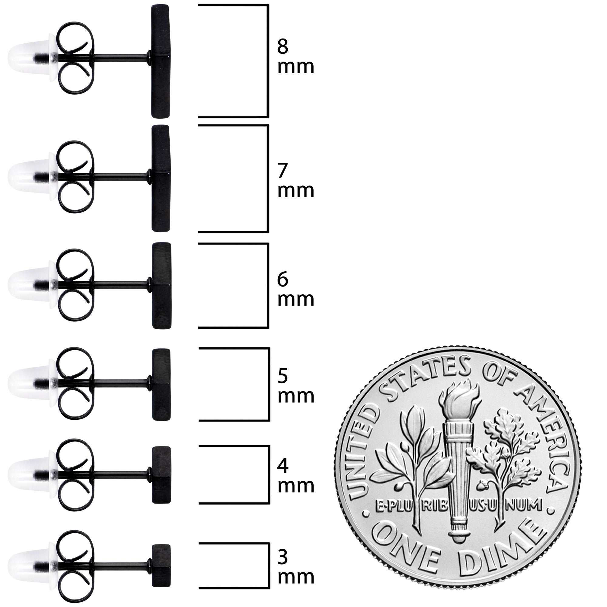 BodyCandy 3mm-8mm Square Stud Black 316L Stainless Steel Earrings 6 Pack — size reference