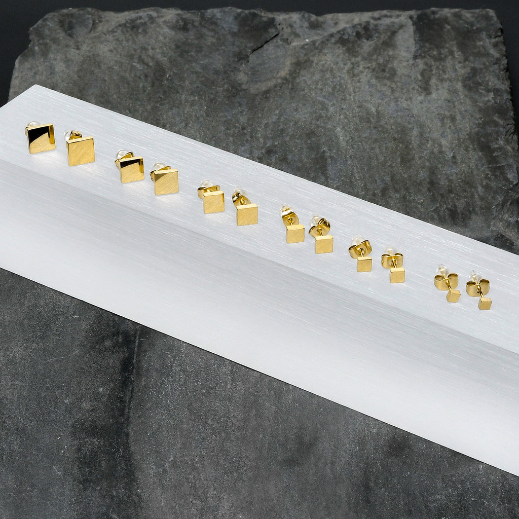 BodyCandy 3mm-8mm Square Stud Gold Tone 316L Stainless Steel Earrings 6 Pack — lifestyle context