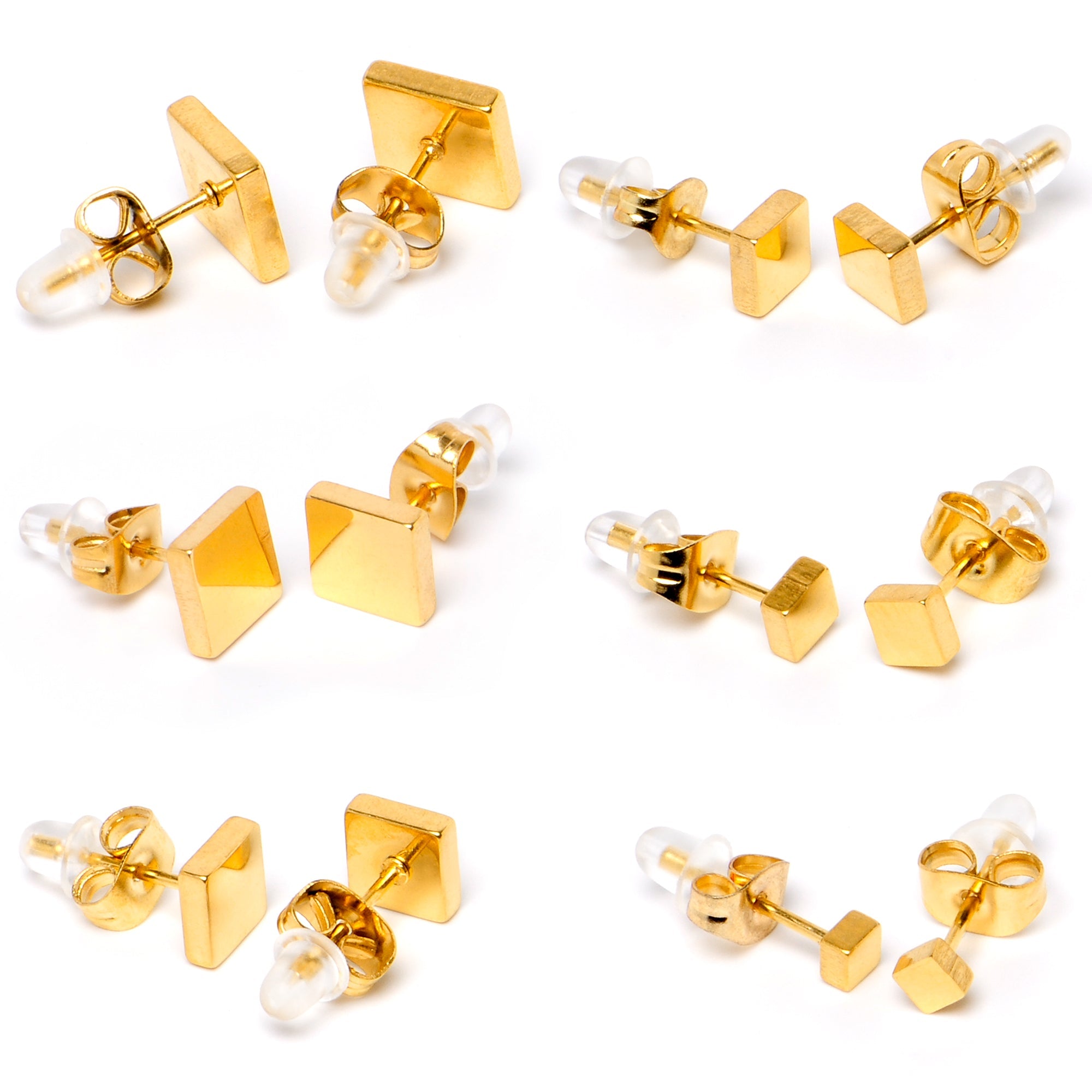 BodyCandy 3mm-8mm Square Stud Gold Tone 316L Stainless Steel Earrings 6 Pack — side view