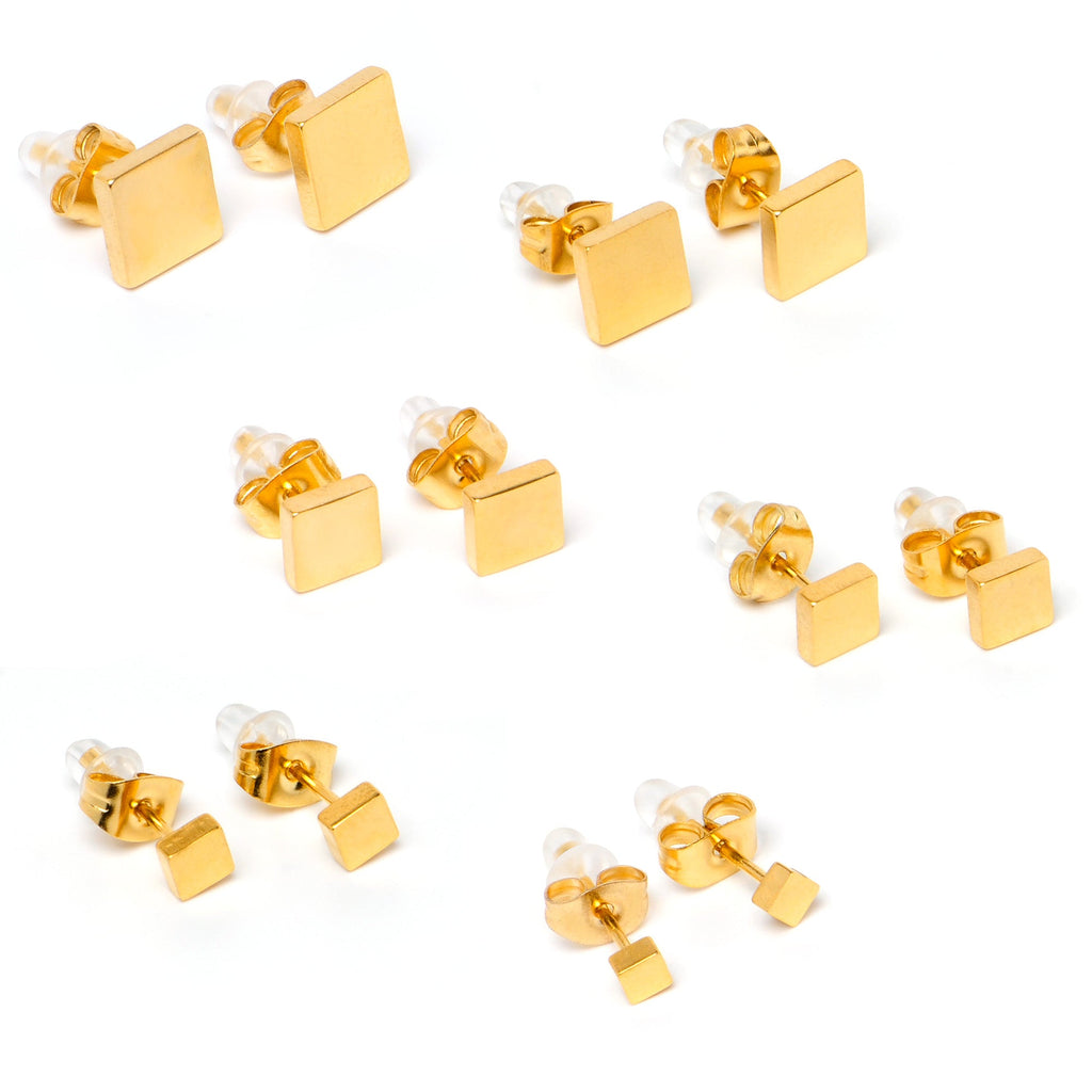 BodyCandy 3mm-8mm Square Stud Gold Tone 316L Stainless Steel Earrings 6 Pack — back view