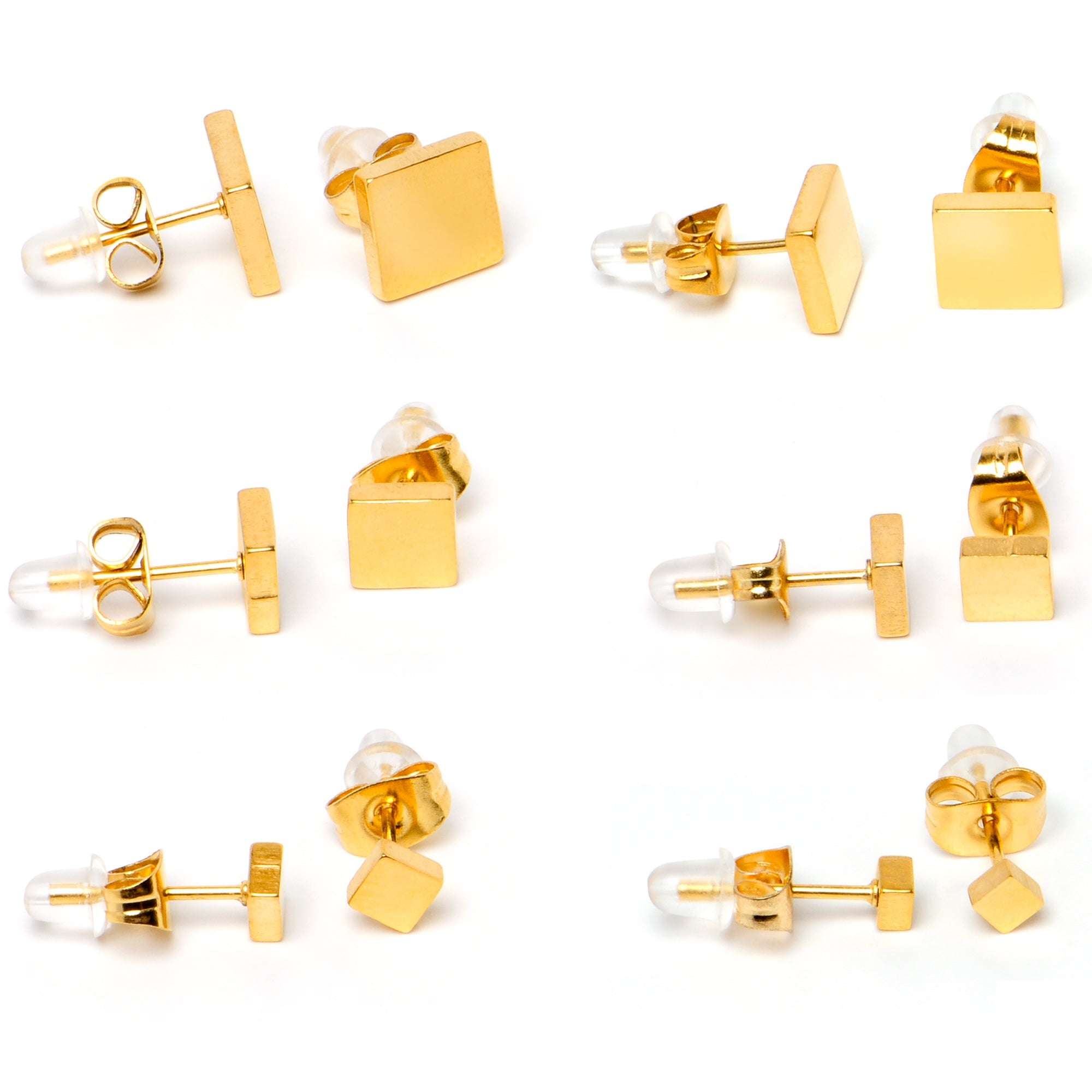 BodyCandy 3mm-8mm Square Stud Gold Tone 316L Stainless Steel Earrings 6 Pack — alternative angle