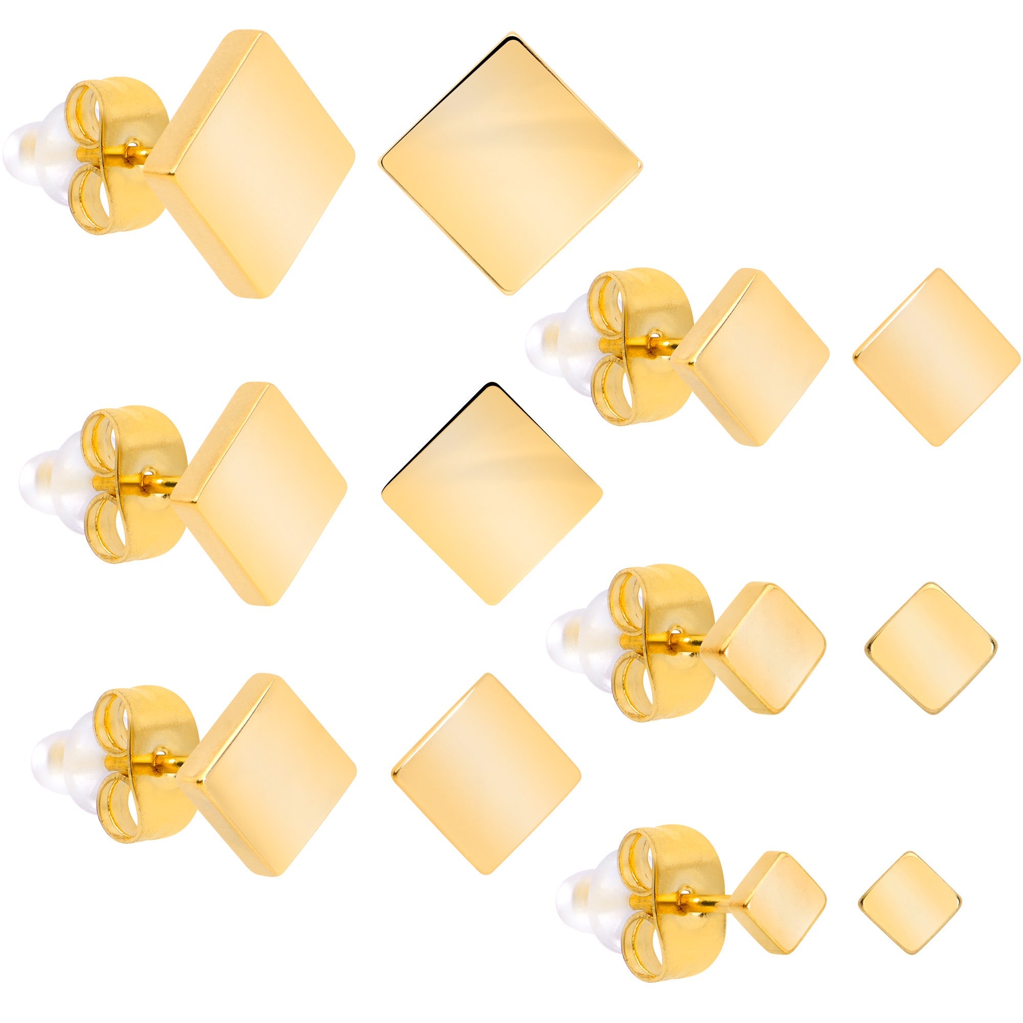 BodyCandy 3mm-8mm Square Stud Gold Tone 316L Stainless Steel Earrings 6 Pack — in-use photo