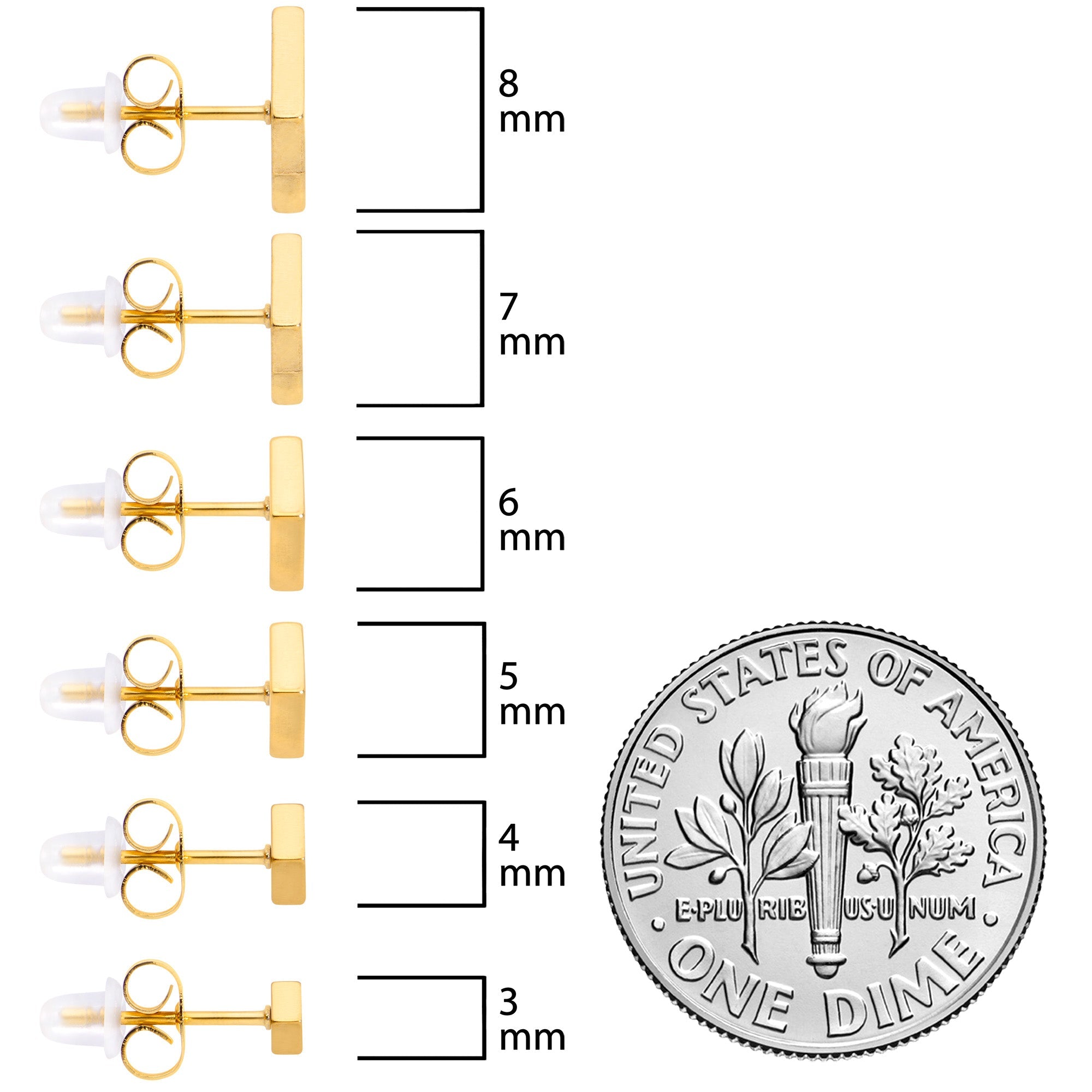 BodyCandy 3mm-8mm Square Stud Gold Tone 316L Stainless Steel Earrings 6 Pack — size reference