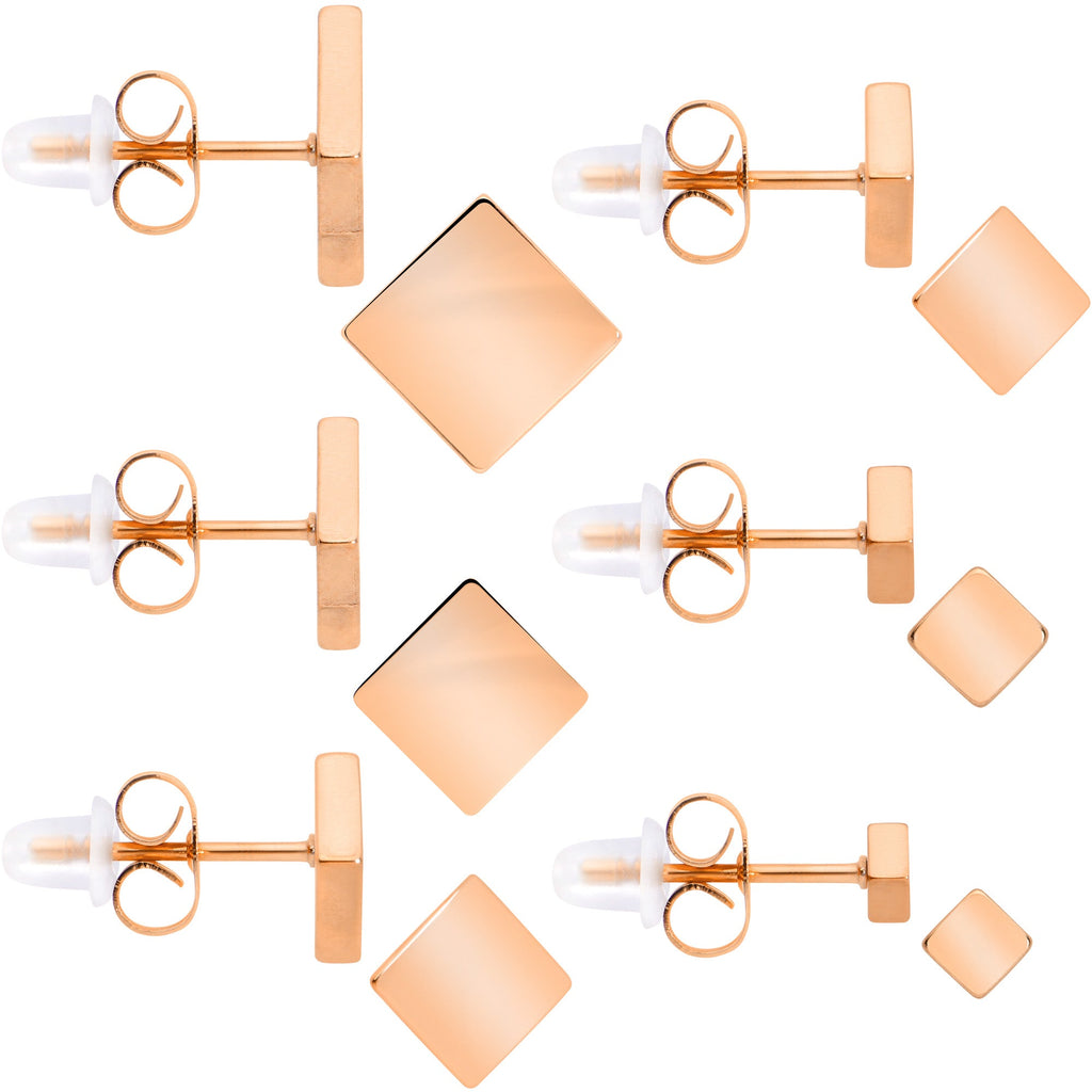 BodyCandy 3mm-8mm Square Stud Rose Gold Tone 316L Stainless Steel Earrings 6 Pack — main product shot