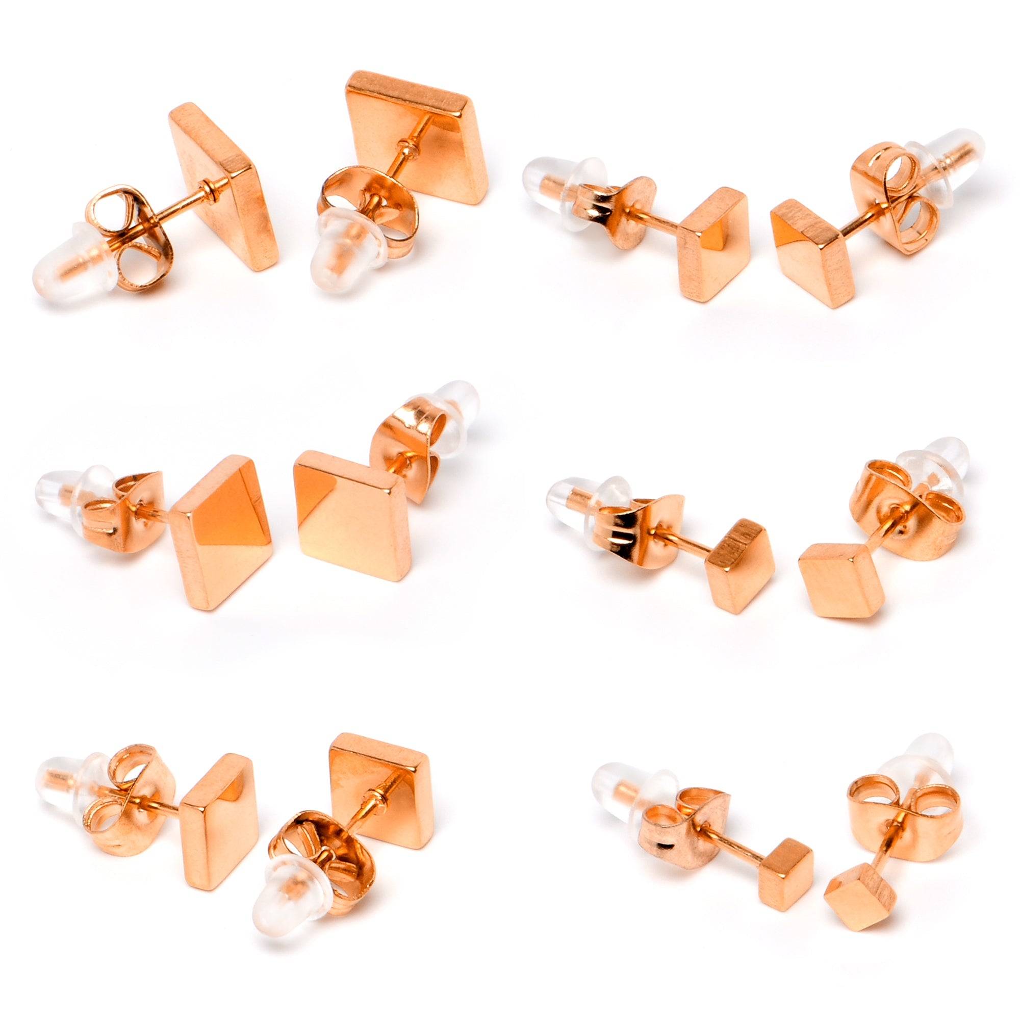 BodyCandy 3mm-8mm Square Stud Rose Gold Tone 316L Stainless Steel Earrings 6 Pack — side view