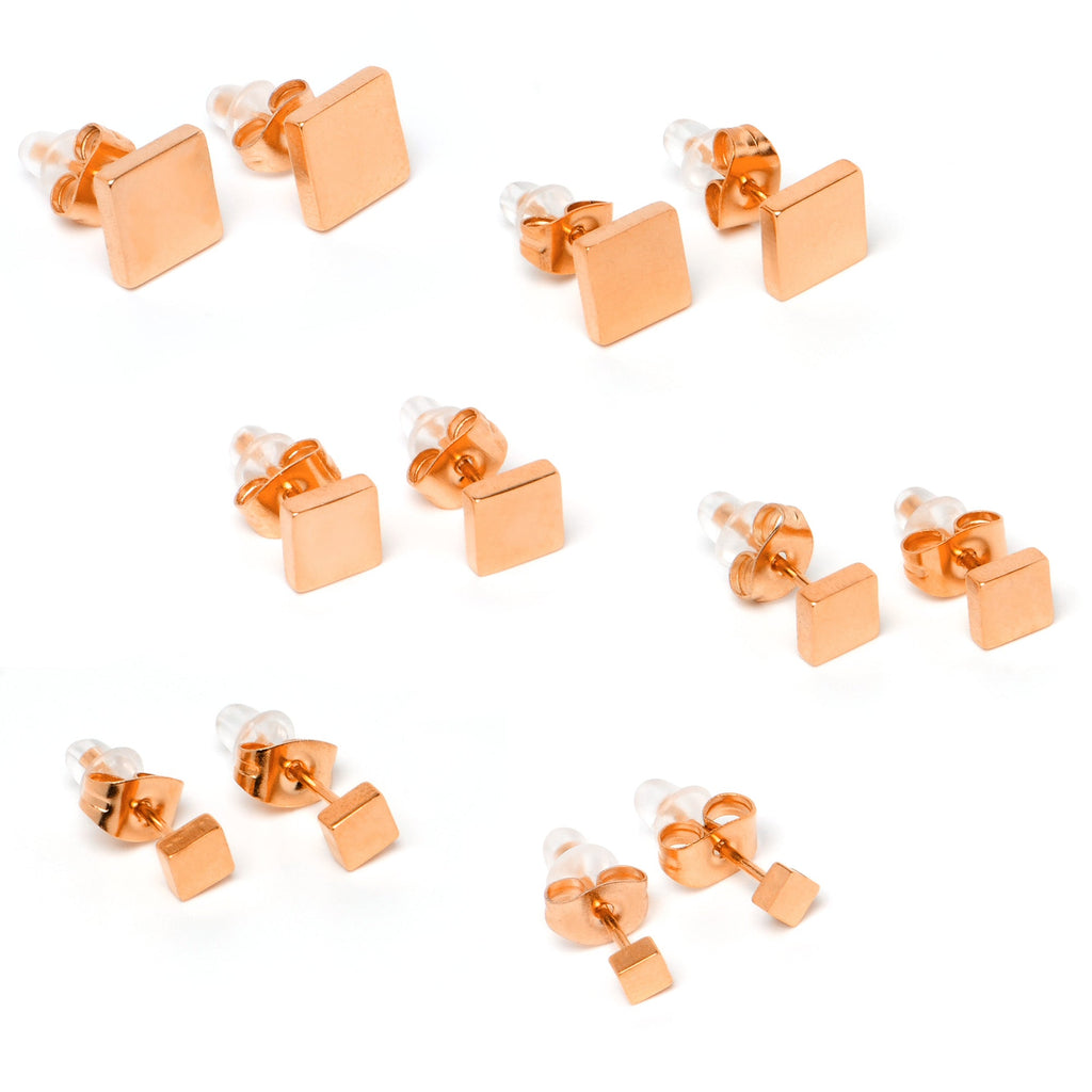 BodyCandy 3mm-8mm Square Stud Rose Gold Tone 316L Stainless Steel Earrings 6 Pack — back view