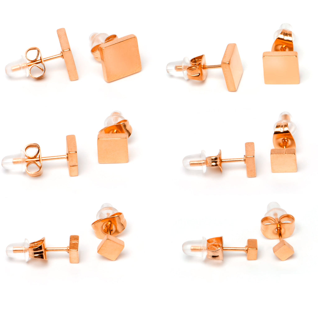 BodyCandy 3mm-8mm Square Stud Rose Gold Tone 316L Stainless Steel Earrings 6 Pack — alternative angle