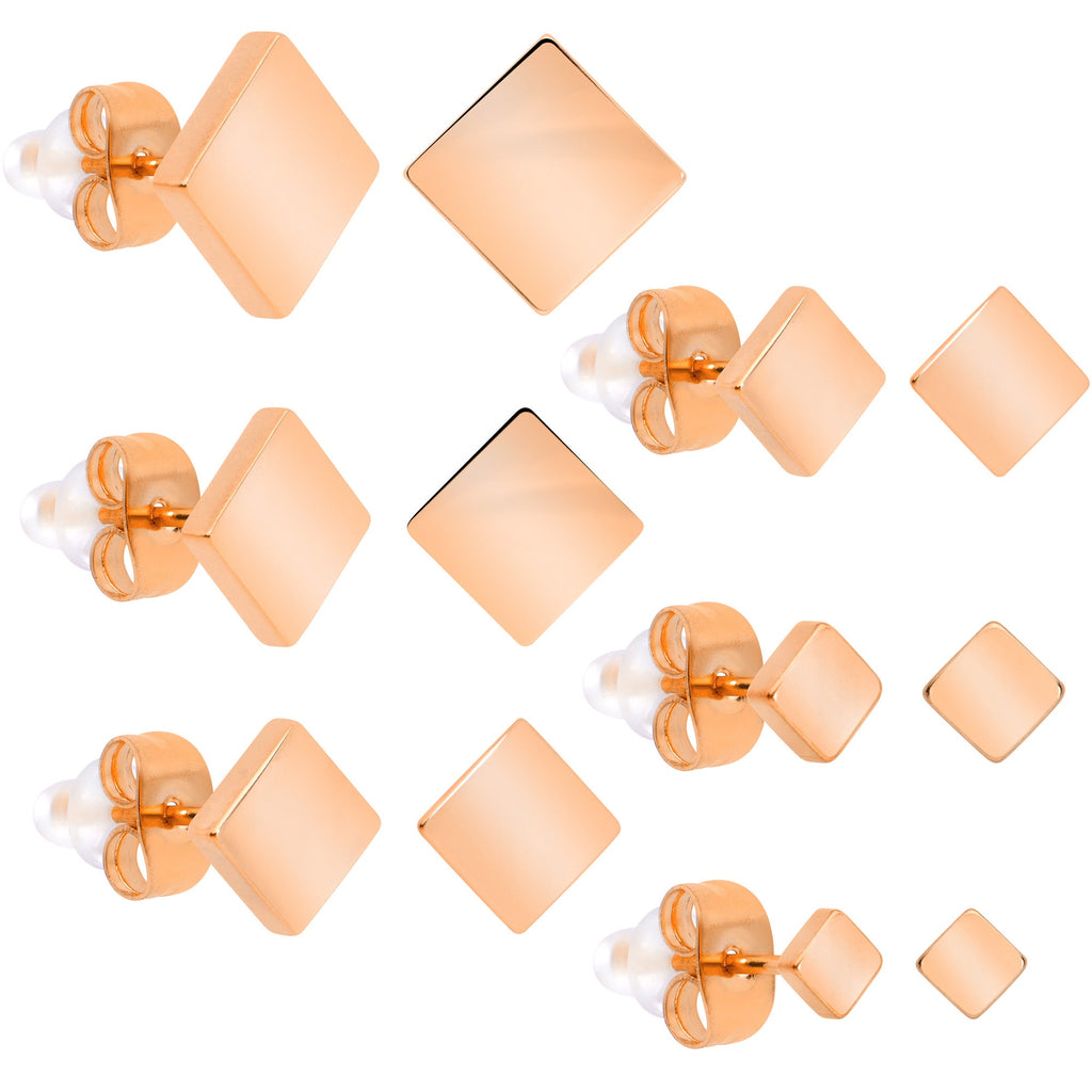 BodyCandy 3mm-8mm Square Stud Rose Gold Tone 316L Stainless Steel Earrings 6 Pack — in-use photo