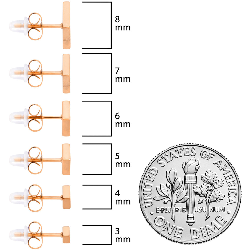 BodyCandy 3mm-8mm Square Stud Rose Gold Tone 316L Stainless Steel Earrings 6 Pack — size reference