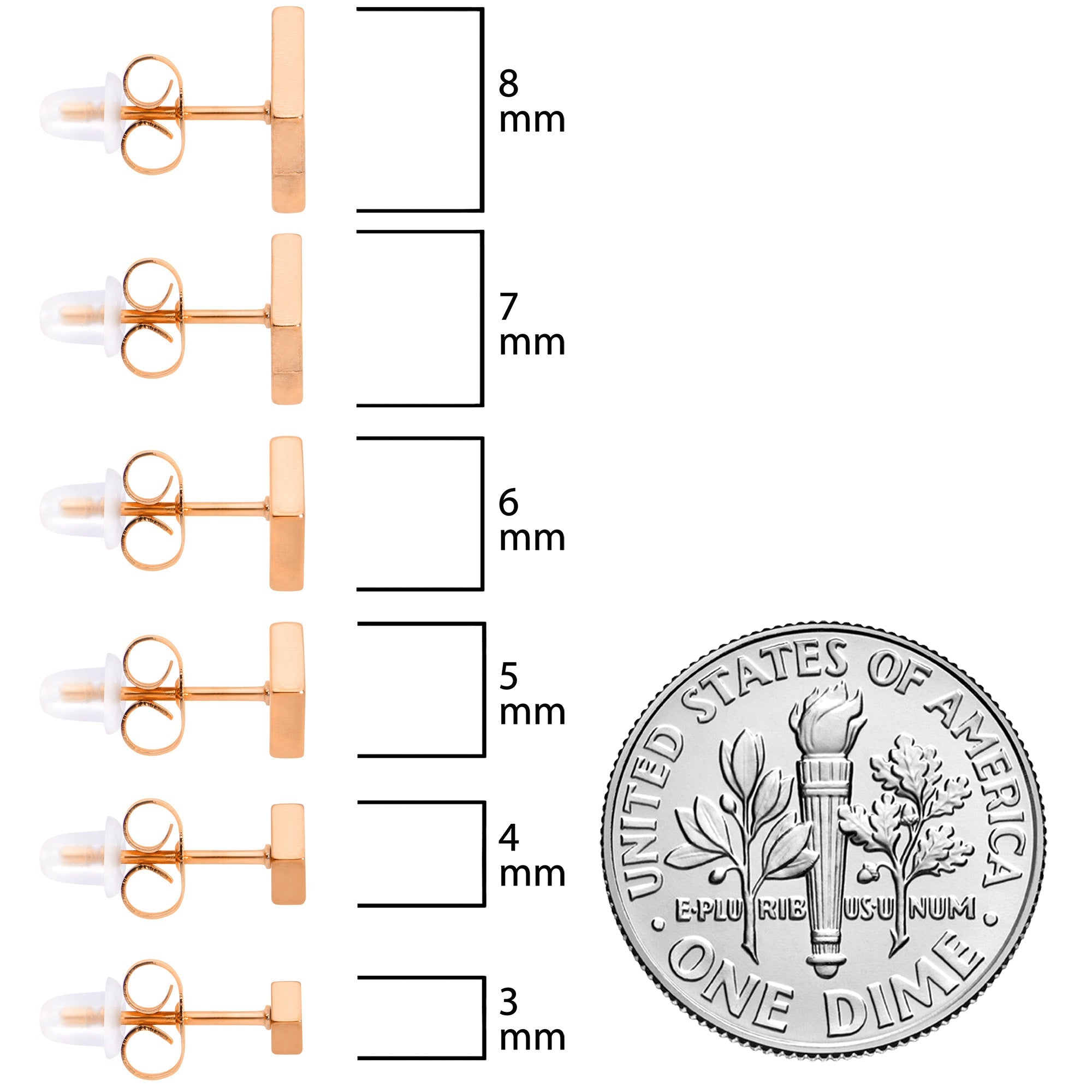 BodyCandy 3mm-8mm Square Stud Rose Gold Tone 316L Stainless Steel Earrings 6 Pack — size reference