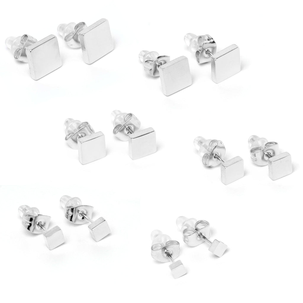 BodyCandy 3mm-8mm Square Stud 316L Stainless Steel Earrings 6 Pack — back view