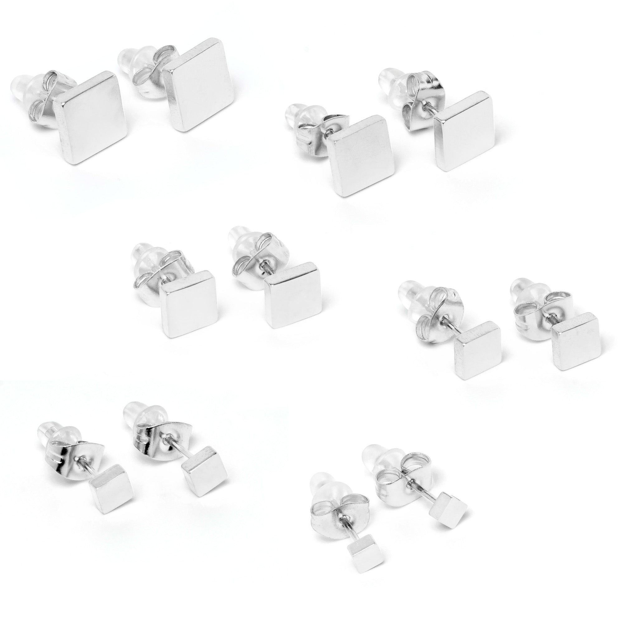 BodyCandy 3mm-8mm Square Stud 316L Stainless Steel Earrings 6 Pack — back view