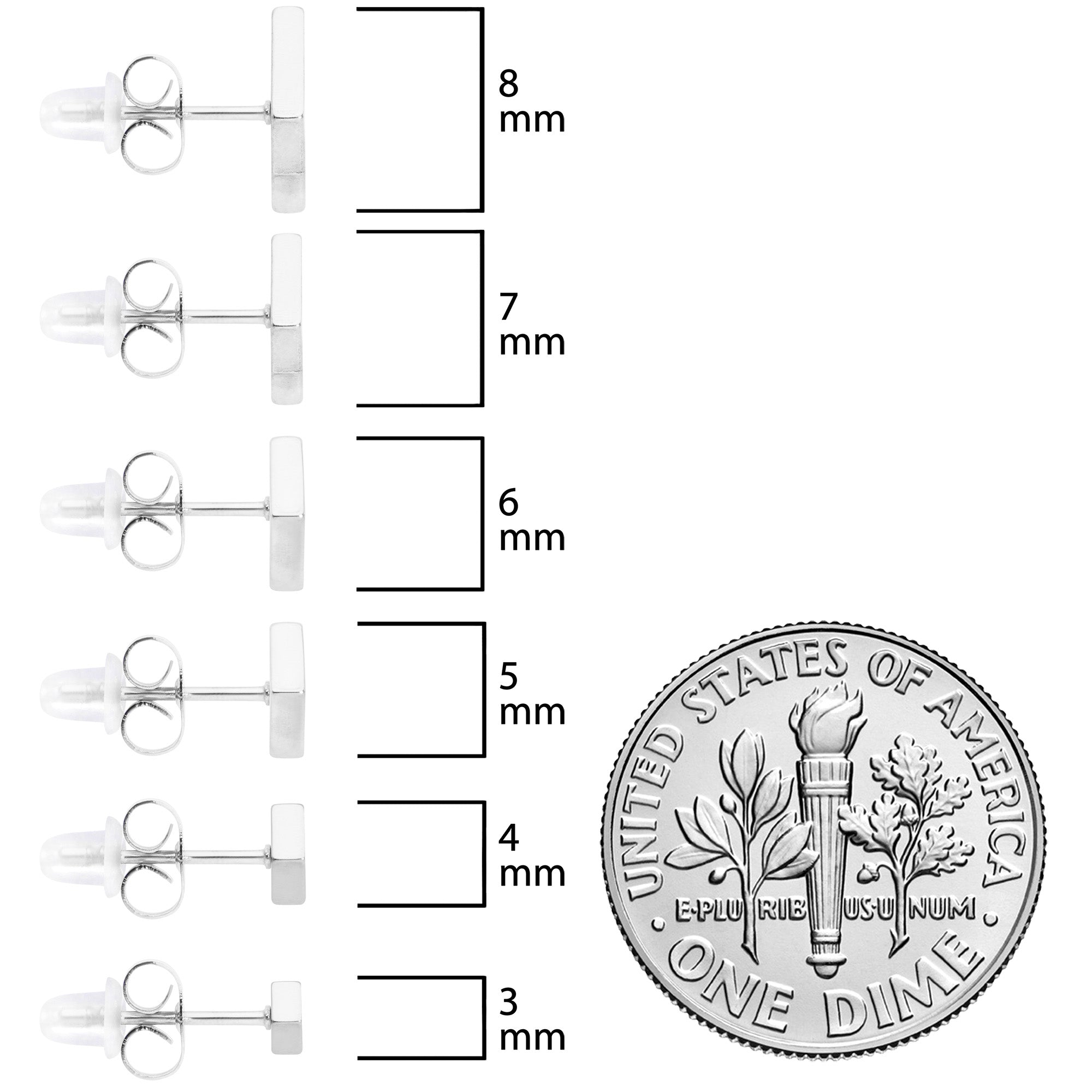 BodyCandy 3mm-8mm Square Stud 316L Stainless Steel Earrings 6 Pack — size reference