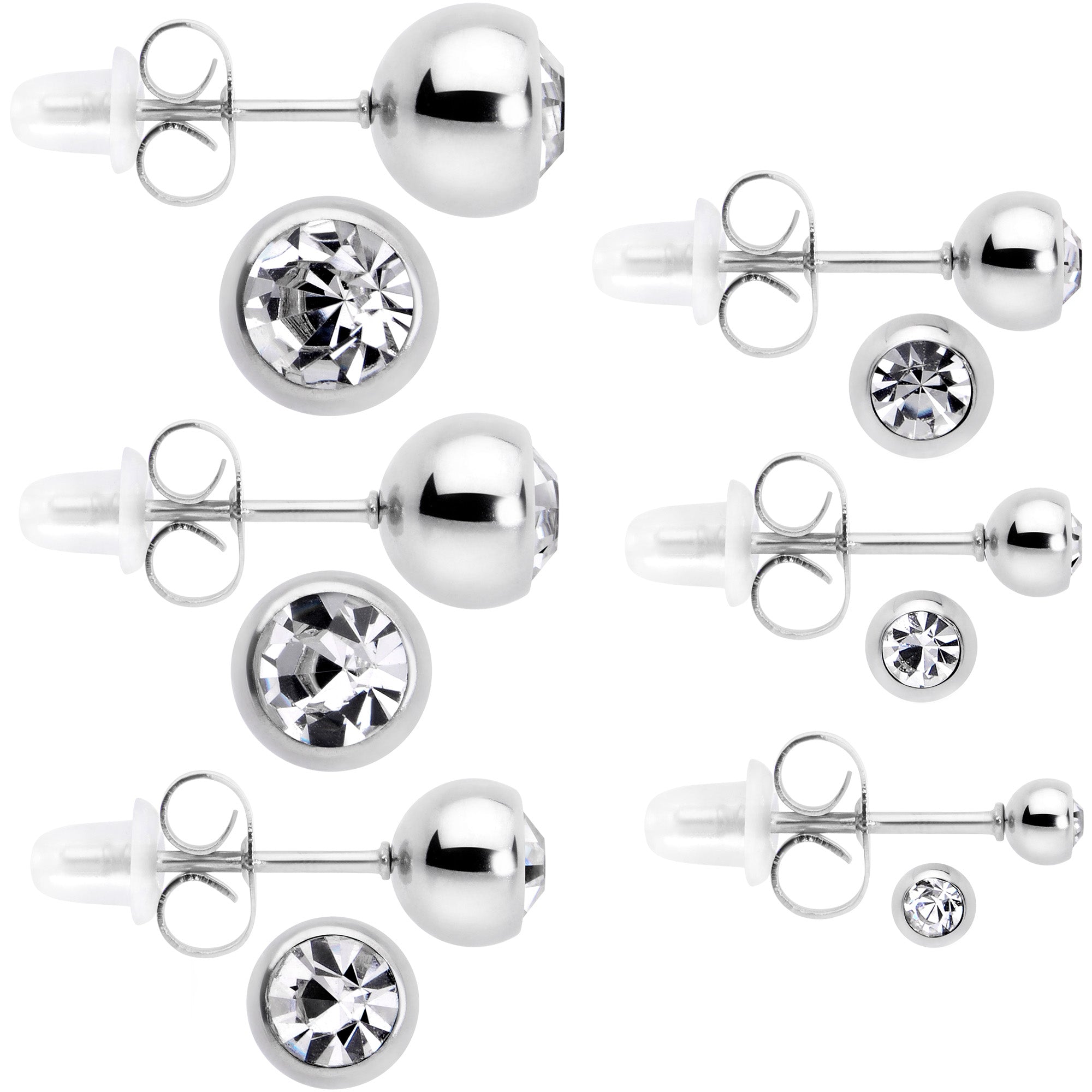 BodyCandy Clear Gem 3mm to 8mm Ball End Stud Earrings Set of 6 — main product shot