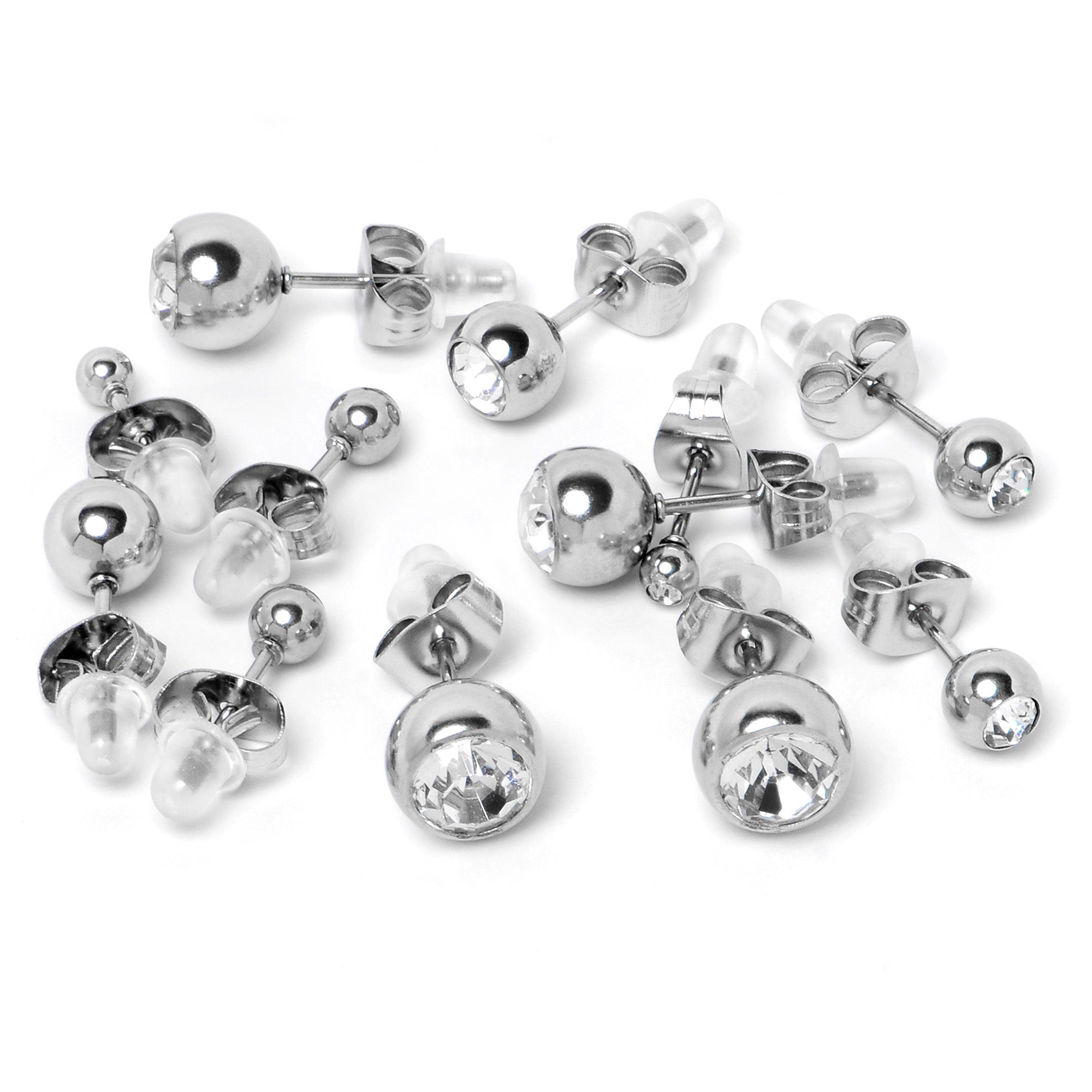 BodyCandy Clear Gem 3mm to 8mm Ball End Stud Earrings Set of 6 — detail close-up