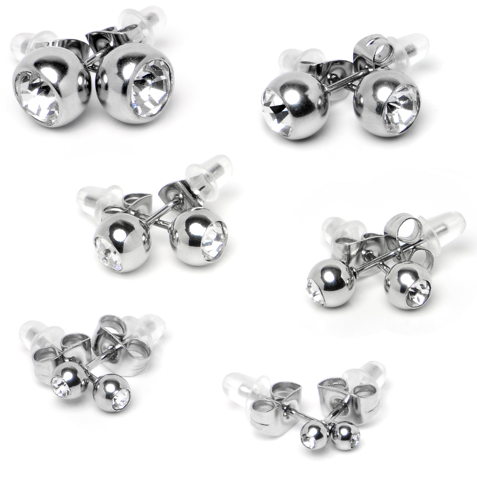 BodyCandy Clear Gem 3mm to 8mm Ball End Stud Earrings Set of 6 — side view