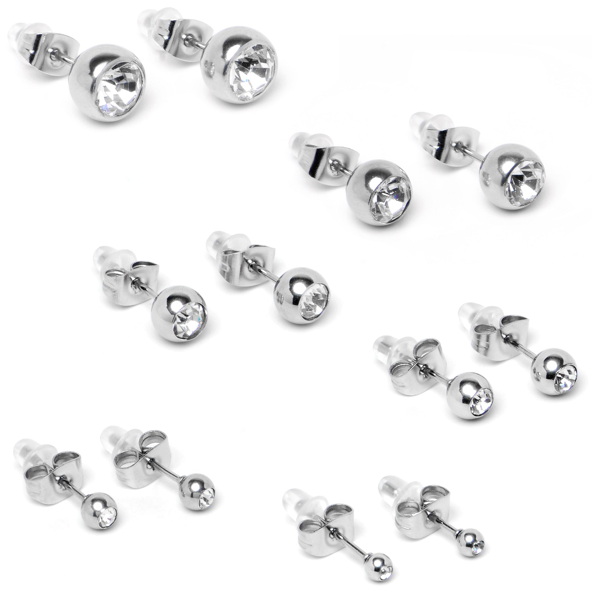 BodyCandy Clear Gem 3mm to 8mm Ball End Stud Earrings Set of 6 — back view