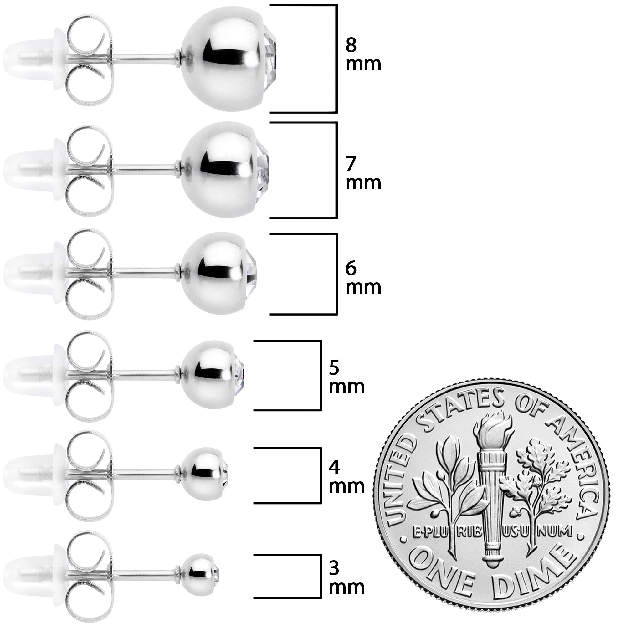BodyCandy Clear Gem 3mm to 8mm Ball End Stud Earrings Set of 6 — size reference