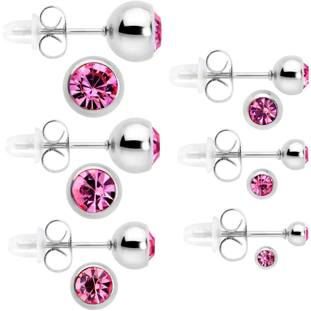 BodyCandy Pink Gem 3mm to 8mm Ball End Stud Earrings Set of 6 — main product shot