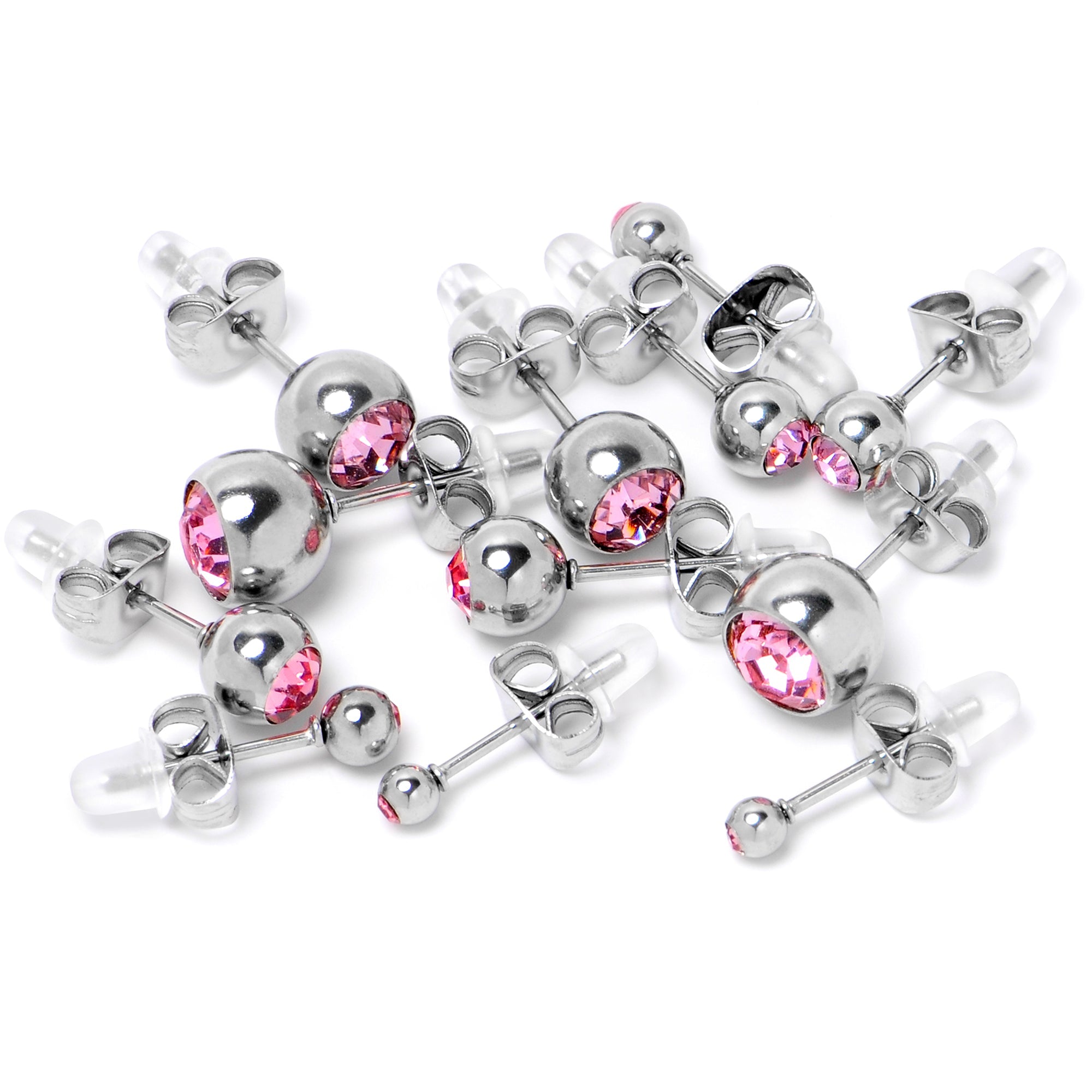 BodyCandy Pink Gem 3mm to 8mm Ball End Stud Earrings Set of 6 — detail close-up