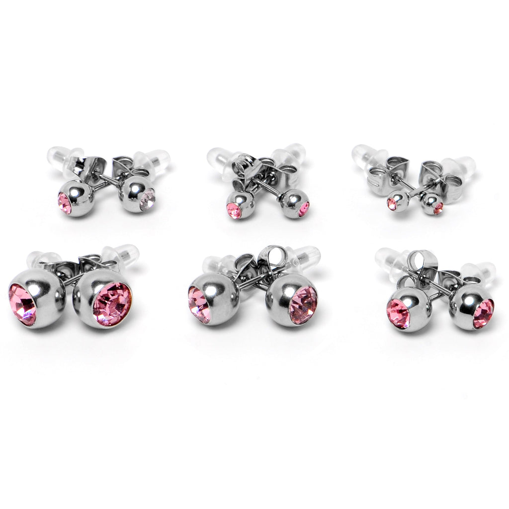 BodyCandy Pink Gem 3mm to 8mm Ball End Stud Earrings Set of 6 — side view