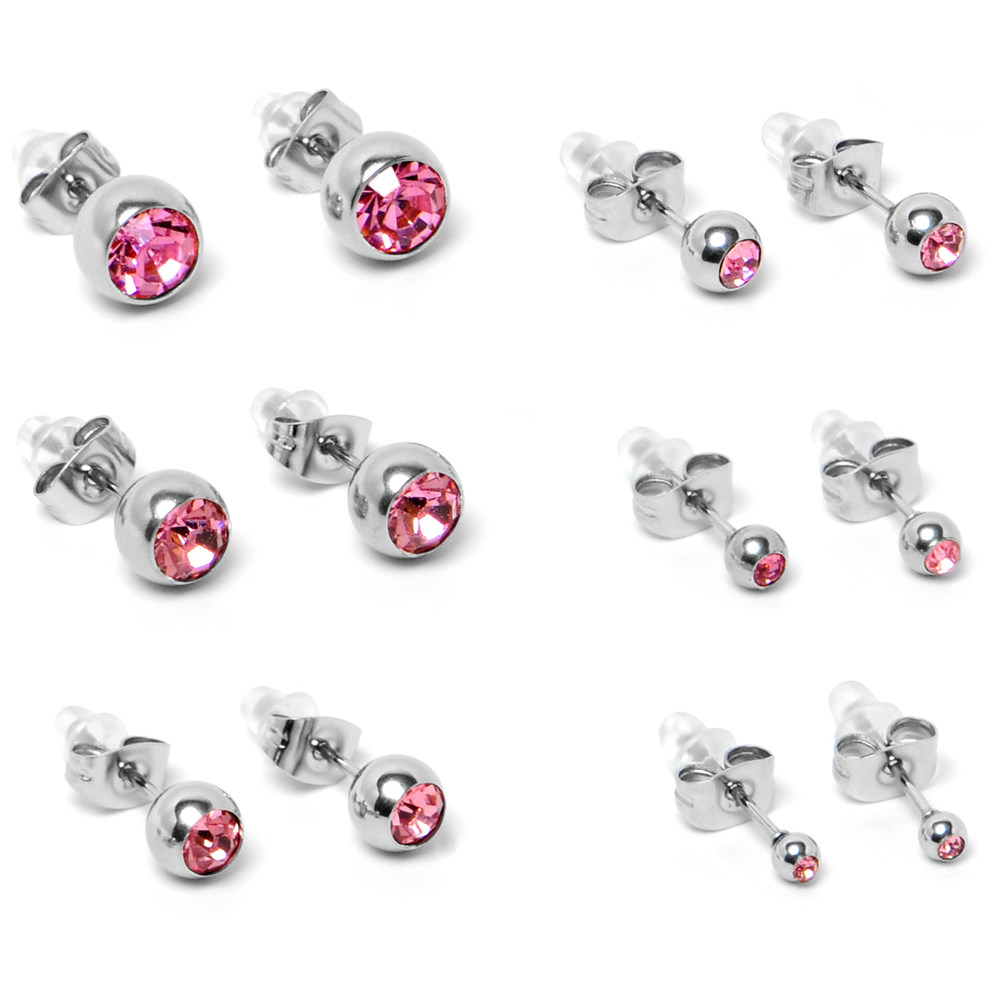 BodyCandy Pink Gem 3mm to 8mm Ball End Stud Earrings Set of 6 — back view